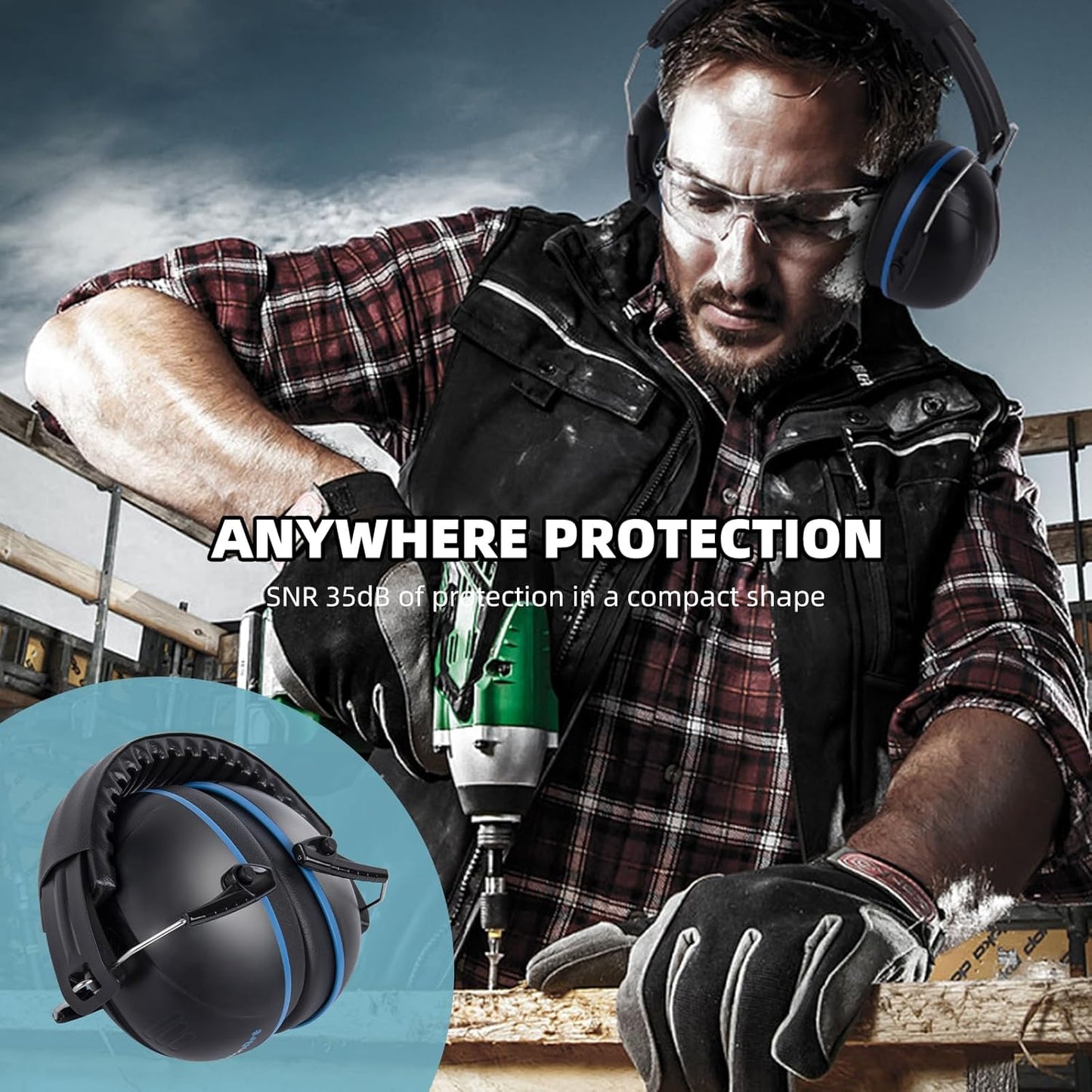 Noise Cancelling Ear muffs for Shooting Ear Protection, SNR 35dB Noise Reduction Headphones for Adult Kids Autism, Adjustable Sound proof Hearing Protection for Shooting Mowing Construction(Blue)