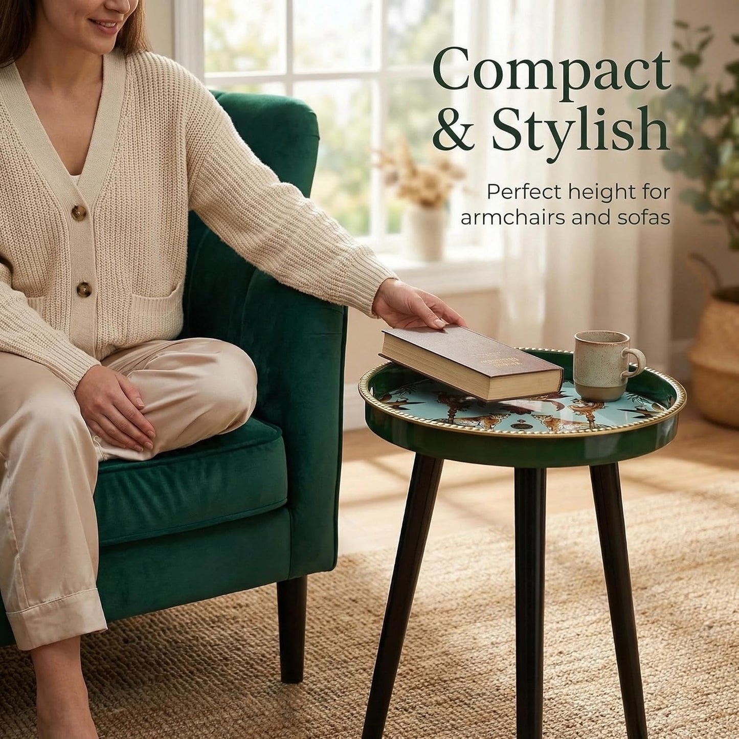 Zosenley Small Round Side Table - 13 Inch Emerald Green Boho End Table with Vintage Cheetah Pattern Tray - Unique Tropical Accent Table with Moisture-Resistant Wrapped Legs for Living Room & Bedroom