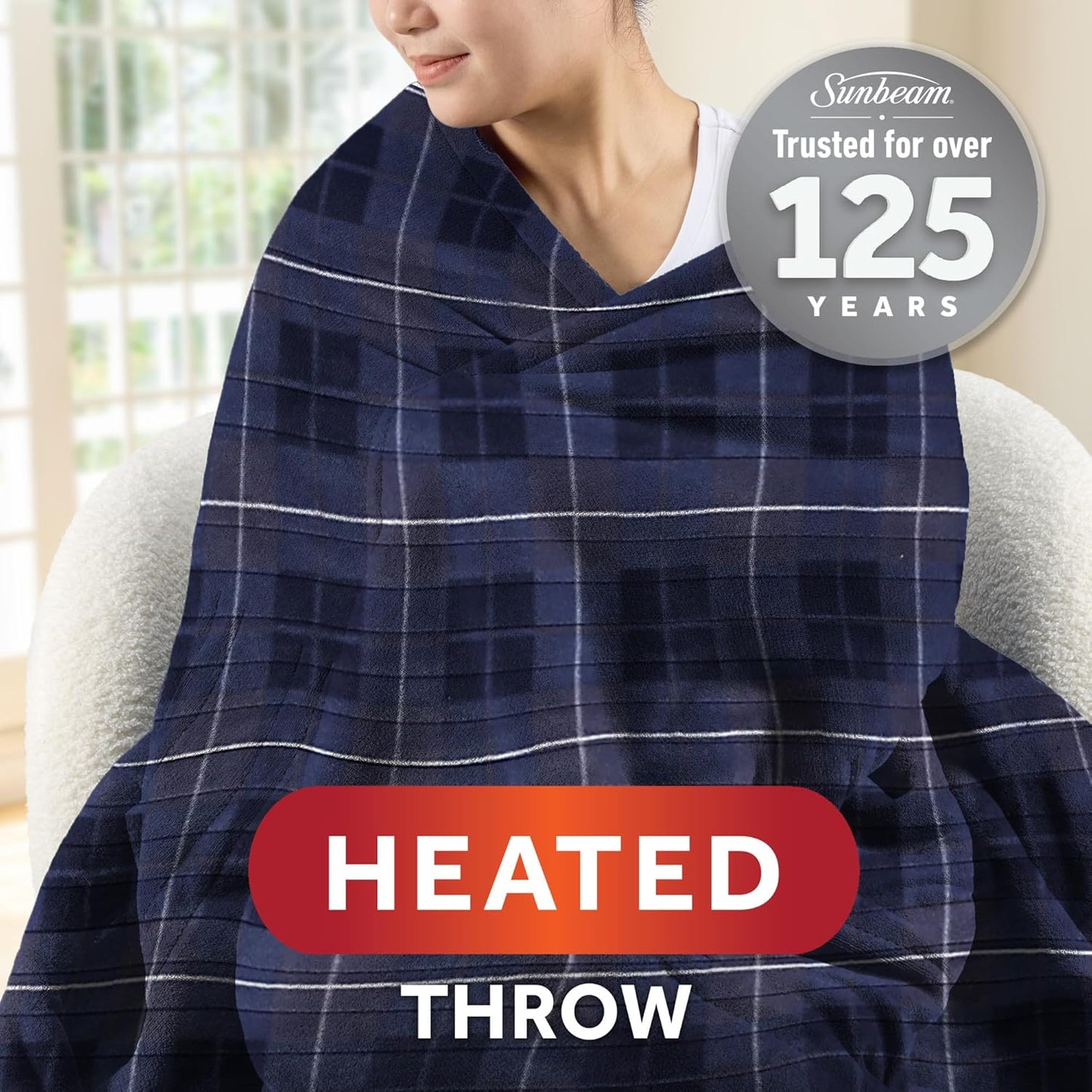 Sunbeam Royal Ultra Rodeen Blue Plaid Heated Personal Throw / Blanket, Cozy-Warm, Adjustable Heat Settings