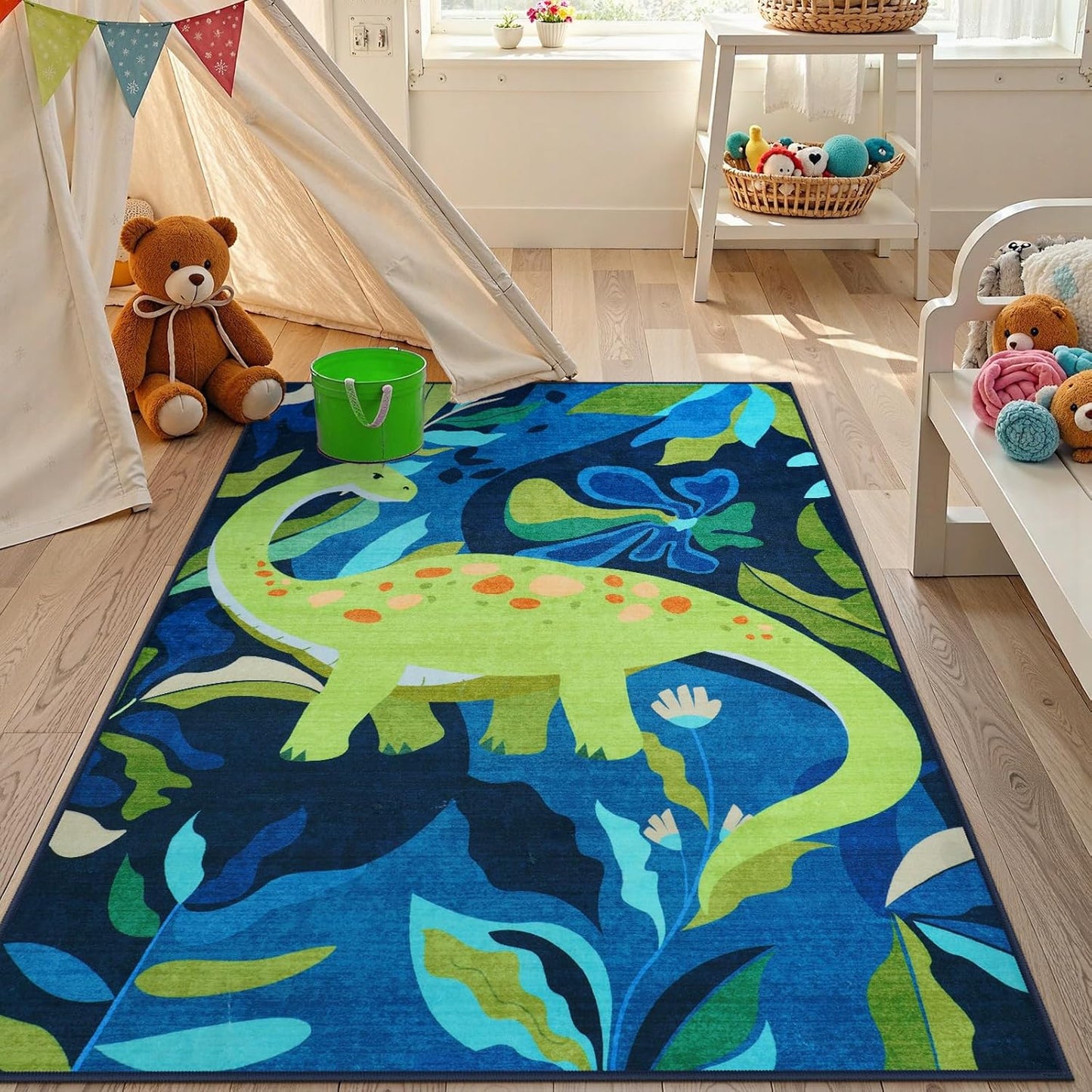 LIVEBOX Washable 3x5 Dinosaur Rugs for Boys Bedroom, Soft Animal Rug for Kids Playroom, Non-Slip Washable Rugs for Entryway Office，Kids Carpet for Nursery Classroom (Blue,3'x5')