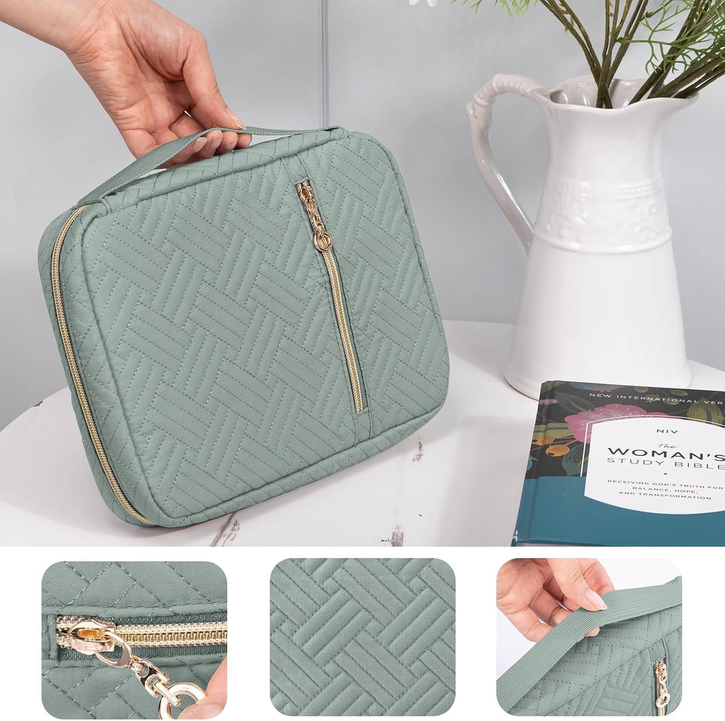 Quilted Bible Cover for Women, Zippered Organizer Bag with Sleeve for Study Supplies, Accessories & Journals, Church Carrying Gift for Girls, Book Carrying Case