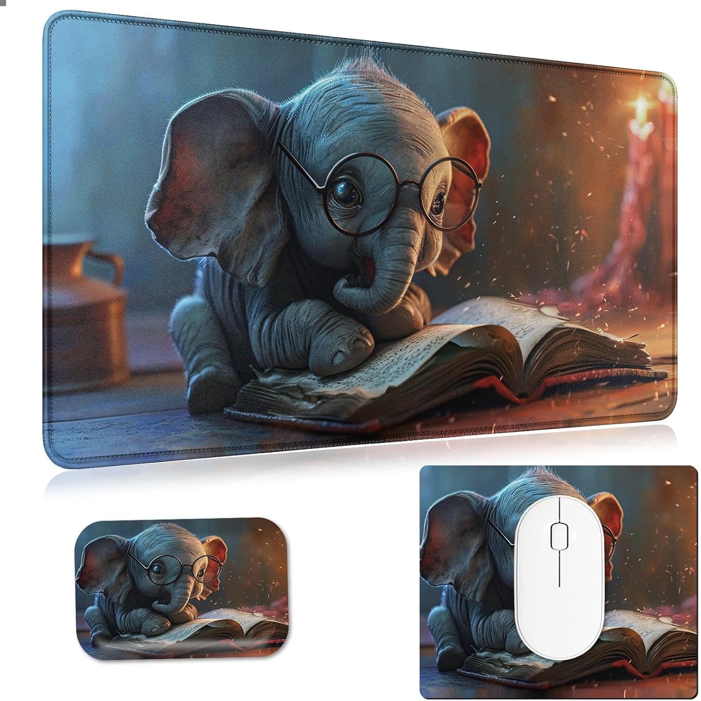 Desk Mat + Mouse Pad + Mouse Wrist Rest,3 PCS Set Ergonomic Memory Foam Mouse Wrist Rest with Durable Anti-Slip Rubber Base for Office,Home & Easy Typing Pain Relief,Reading Elephant