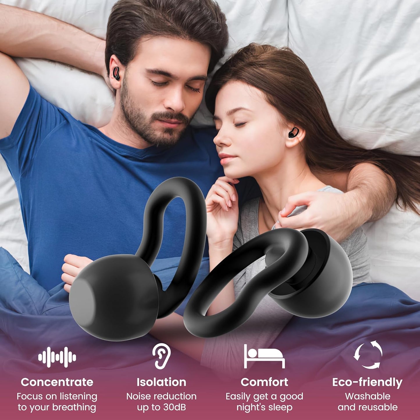 Noise Cancelling Ear Plugs for Sleeping - 2 Pairs Reusable Soft Silicone Noise Block Earplugs for Sound Proof, 30db Noise Reduction Earplug for Sleep, Snoring Blocking, Concert (Black)