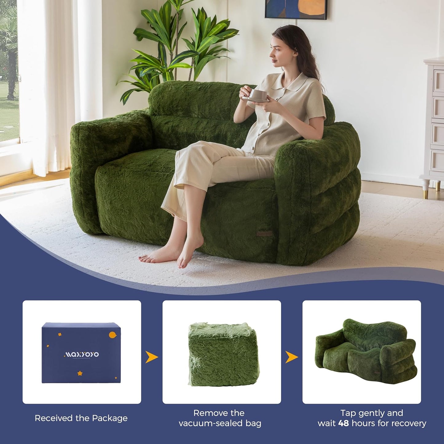 MAXYOYO Giant Bean Bag Chair for Adults, Ultra Soft Fluffy Loveseat Bean Bag Sofa, Oversized Floor Sofa for Living Room Bedroom, Cozy Reading Chair with Filler, Green