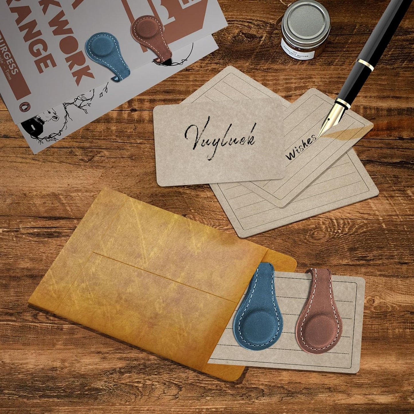 2PCS Magnetic Leather Bookmarks, Best Vintage Book Page Markers Clips Gift for Reading Men Women Teachers Book Lovers, Handmade Real Leather Magnetic Book Marks Set of 2 (Earth Brown+Prussian Blue)