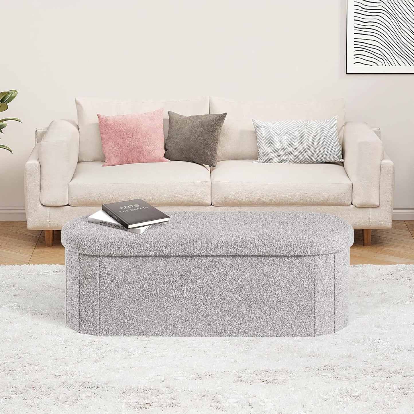 PINPLUS Storage Ottoman Bench Tufted Folding Ottomans Bench Foot Rest, Chest Box Velvet Bench with Storage, 43"x15"x15" (Grey)