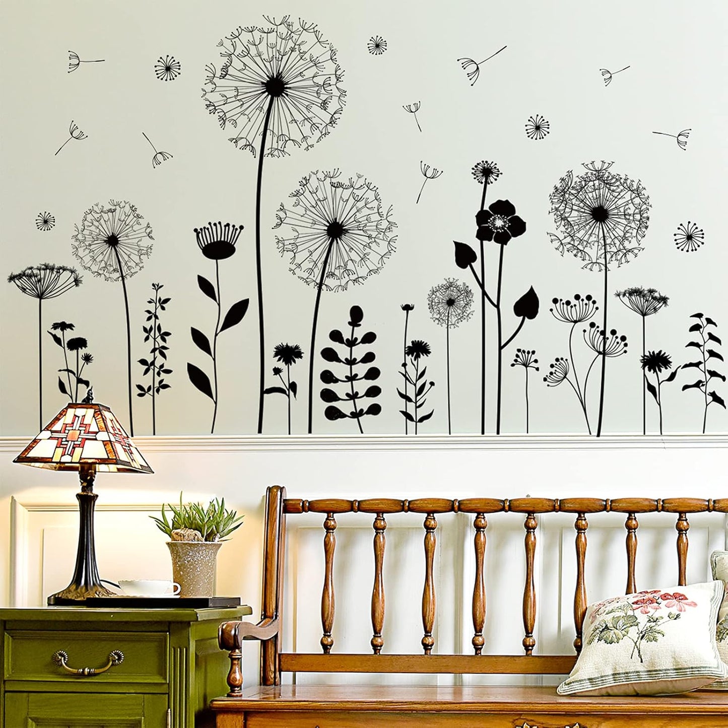 Large Dandelion Wall Stickers, Attractive Flying Flowers Wall Decals, Removable Plants Wall Décor, DIY Art Mural Vinyl for Bedroom Living Room Sofa Backdrop Classroom Decoration (Black)