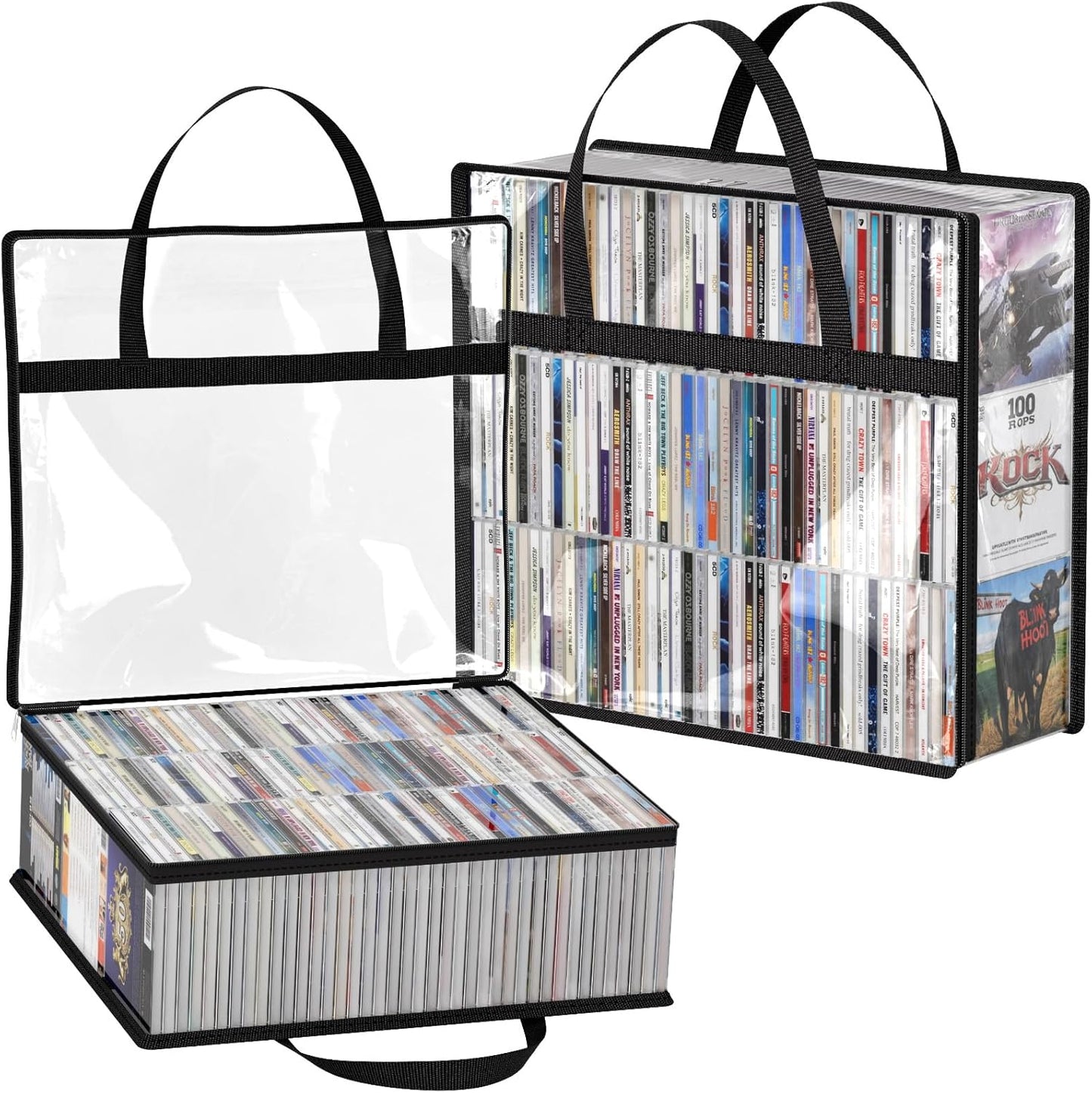 Lifewit CD Storage Bags, Clear PVC Plastic CD Organizer Box with Carrying Handles and Zipper, Stackable Media Case Bins Portable for CDs, Albums, Hold up to 240 CDs (120 Each) 2 Pack