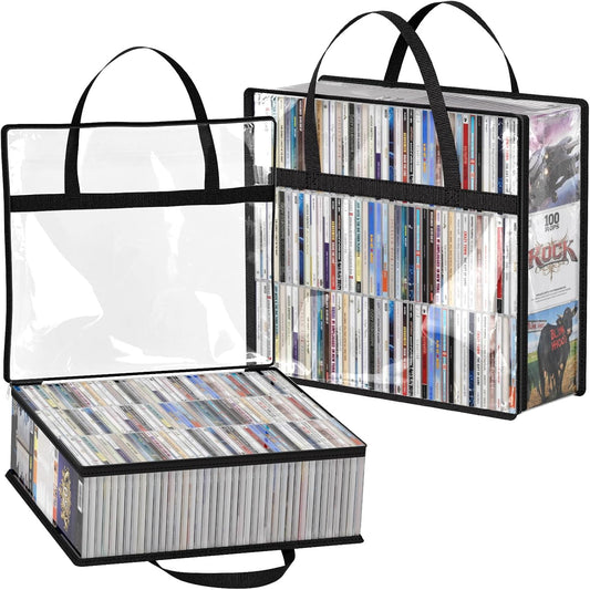 Lifewit CD Storage Bags, Clear PVC Plastic CD Organizer Box with Carrying Handles and Zipper, Stackable Media Case Bins Portable for CDs, Albums, Hold up to 240 CDs (120 Each) 2 Pack
