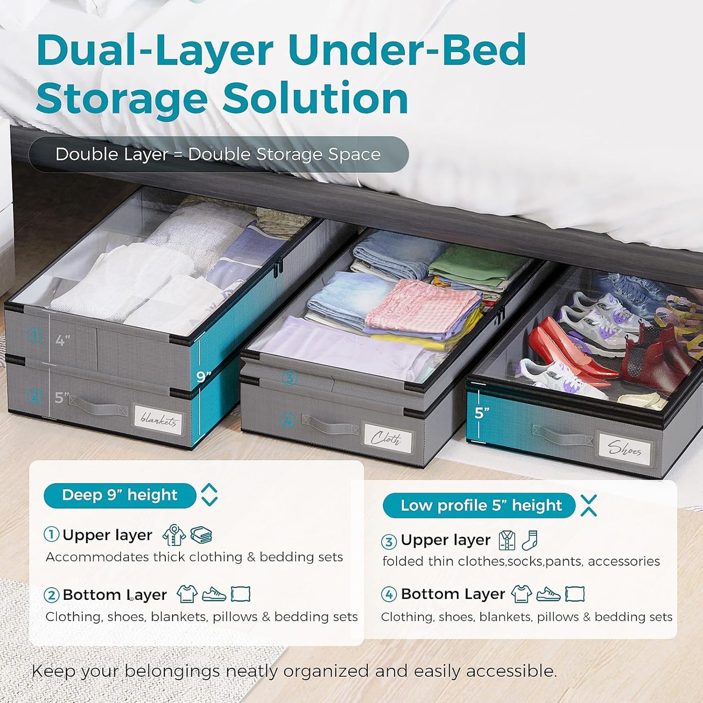 【4 compartments】2 Pack Under Bed Storage, Double Layer Extensible Underbed Storage Containers,Dust-free Clothes Storage Bins with Sturdy Sidewalls/Bottom,PVC Clear Window for Shoes Storage Organizer