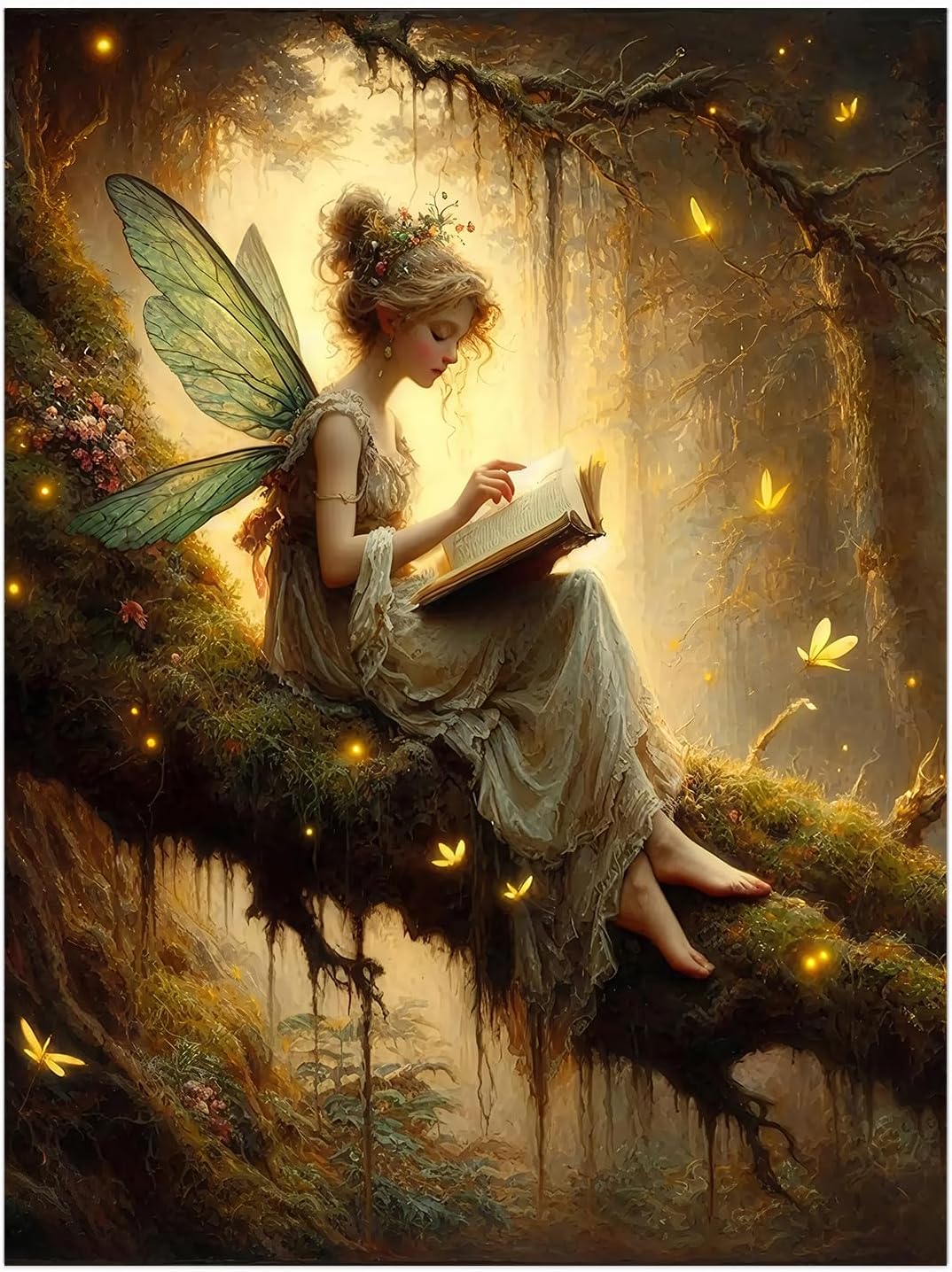 Fairy Tales Art Print,Forest Fairy Sitting On Branch Reading A Book,Vintage Sprite Fairycore Painting,Moody Wall Art Picture Print,Enchanted Forest Room Decor 16x24inch Unframed