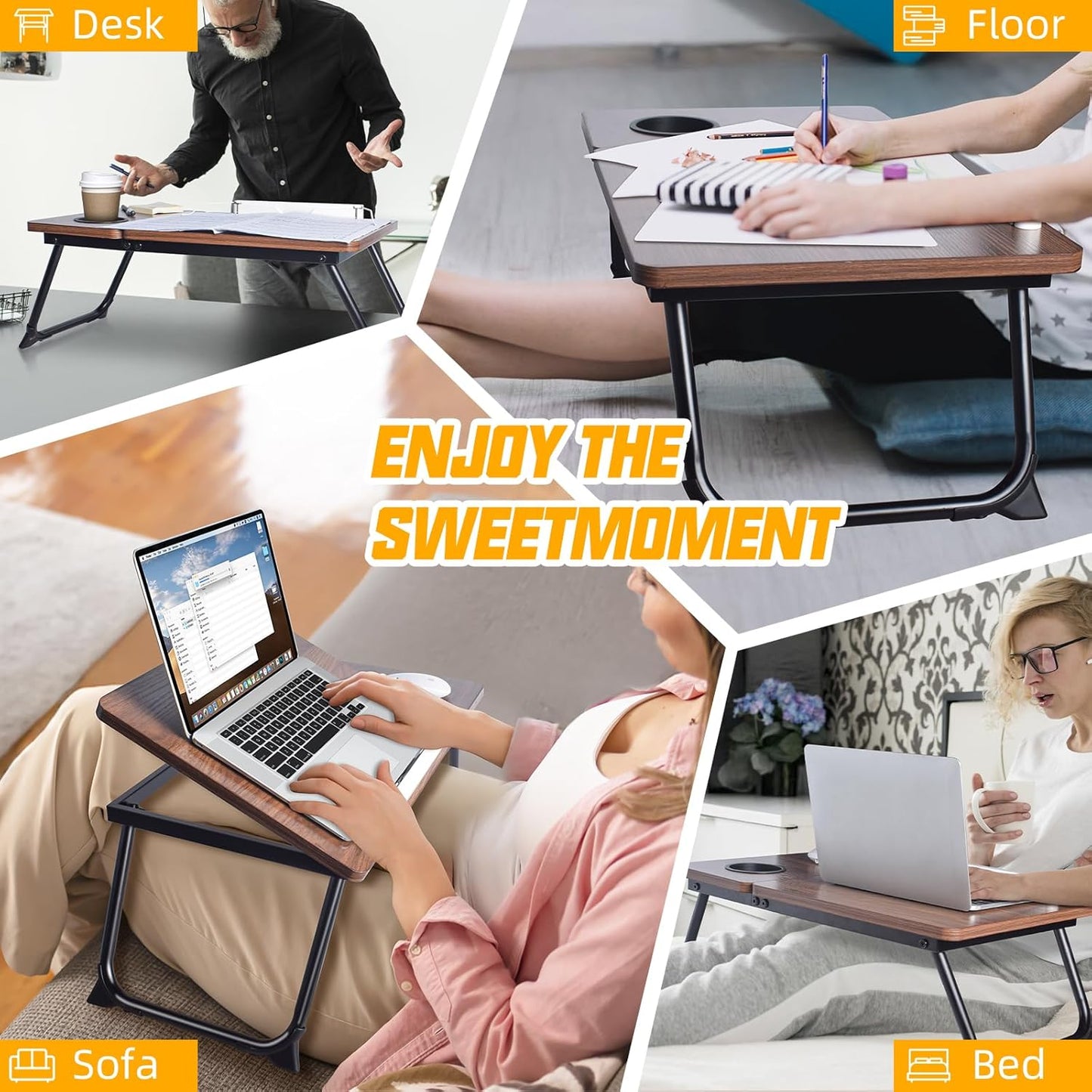 Adjustable Wooden Lap Desks for Bed, Desk with Built-in Cup Holder