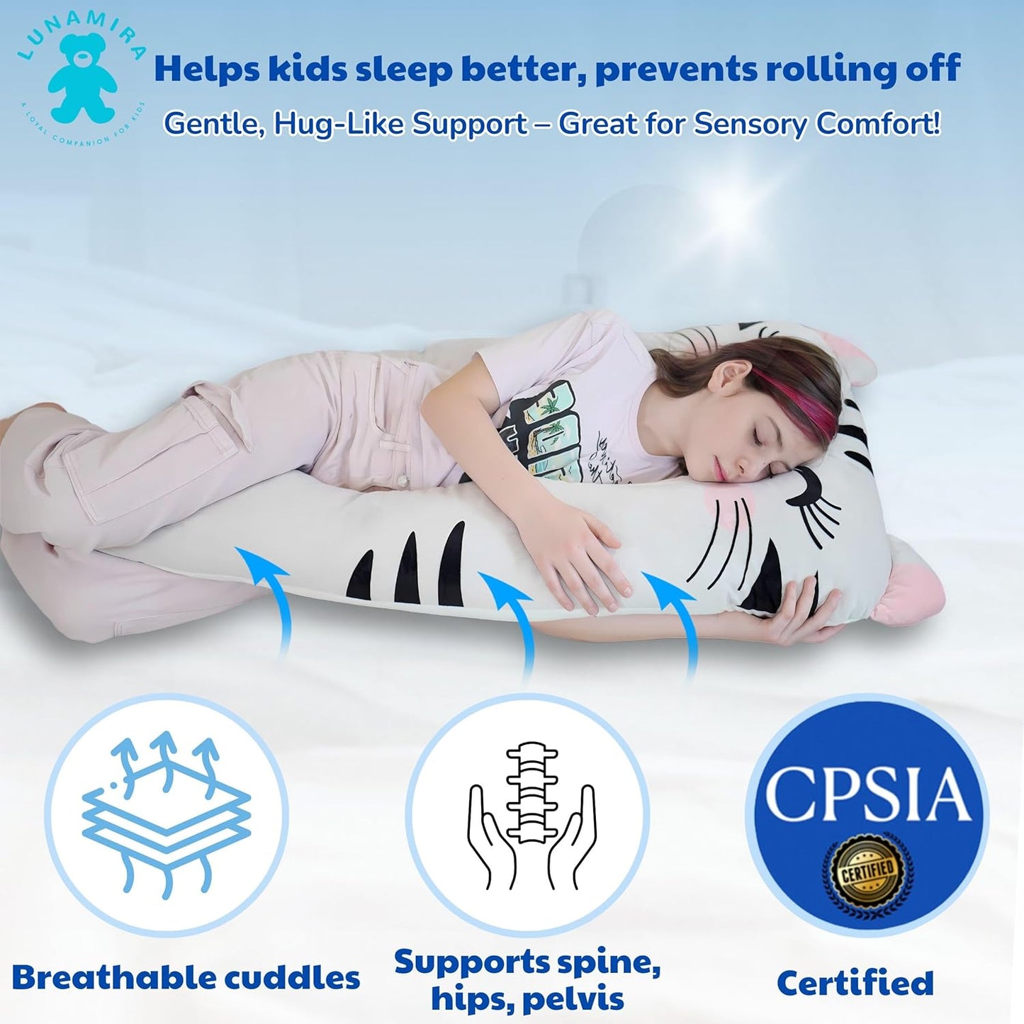 LUNAMIRA Cat Kids Body Pillow - 47" U-Shape Long Plush Soft Animal Pillow for Kids, Sleeping, Reading, ADHD & Special Needs Comfort, Anxiety, Washable Cover, Snuggle Fun Cuddle Gift for Boys & Girls