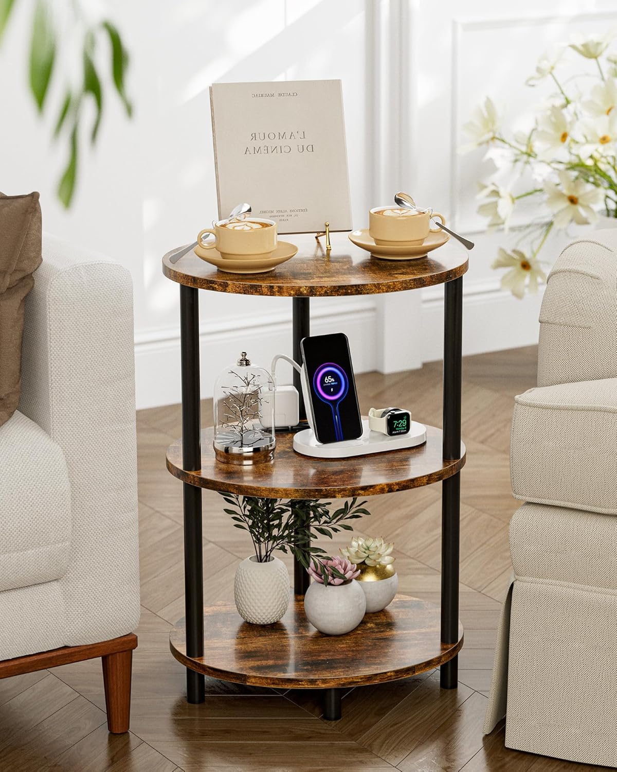 Small Round Side Table - 3-Tier Oval Accent Table for Small Spaces, Rustic Wood and Metal Nightstand for Living Room or Bedroom, with Built-in USB Ports and Power Outlet, Rustic Brown