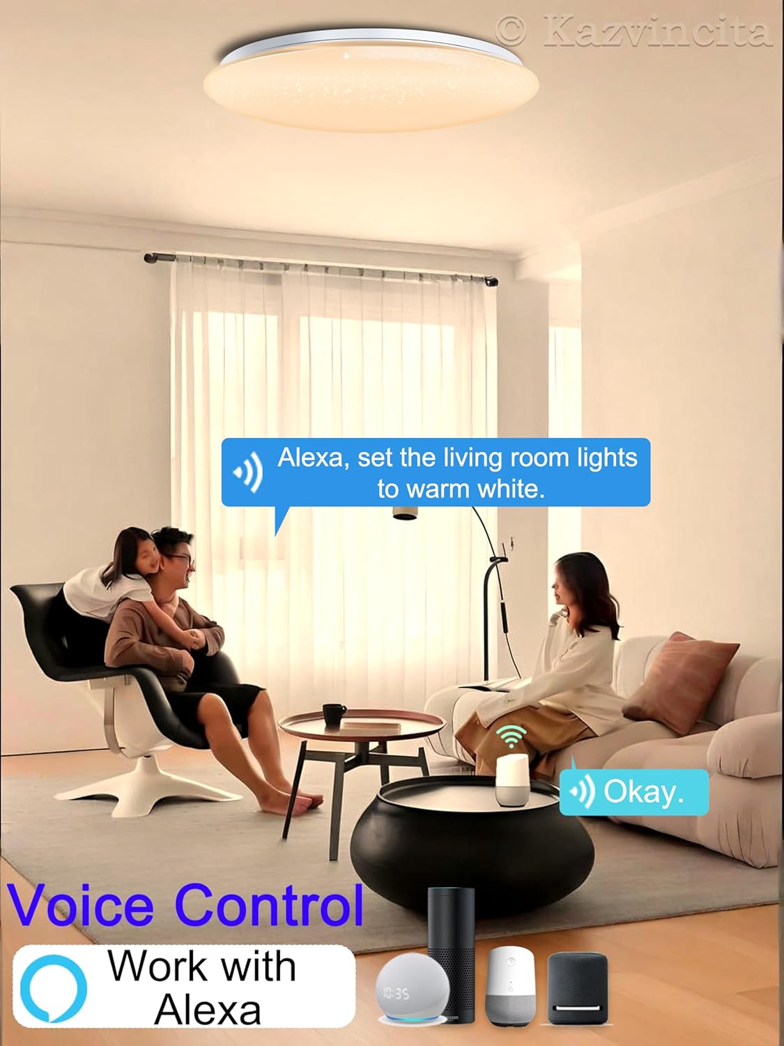 WF-Version LED Ceiling Light with Speaker 40W 13Inch Control via app/Voice/Remote Adjustable Brightness & Color Temperature Ceiling Lamp RGB Ambient Lighting for Bedroom Kids Room and More