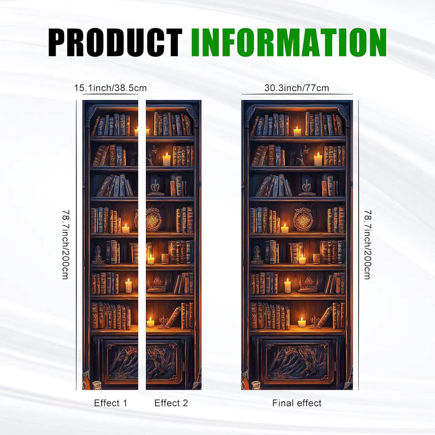 Dark Wood Bookshelf Door Sticker Vintage Library Bookcase Mural Self Adhesive PVC Removable Door Decal for Home Office Bedroom Decoration 30.3 x 78.7 in