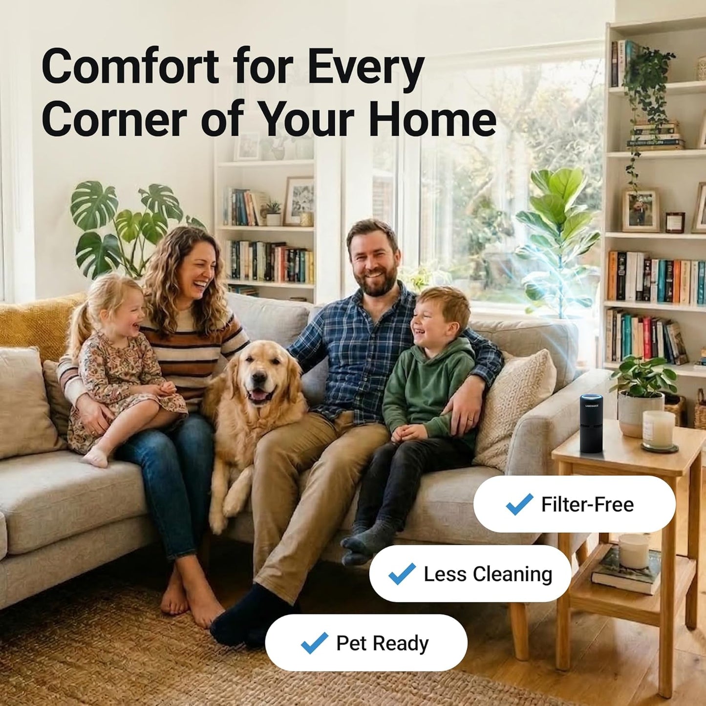 Lab Charge Small Ionic Air Purifier for Home & Bedroom – Silent HEPA Filter – Covers 250 Sq Ft - Free Cleaner for Pets, Hair, Smoke, Dust, Odors & Dander – Compact & Black Design - Pack of 4