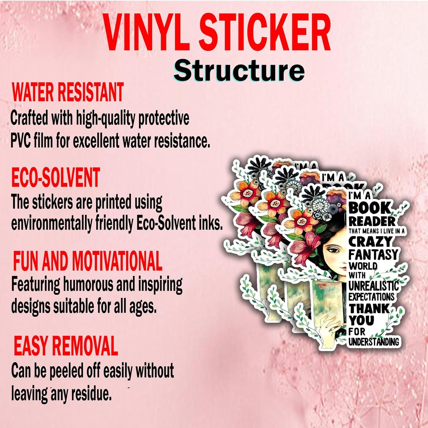 (3Pcs) I'm A Book Reader Sticker Girl and Flower Sticker Decal Waterproof Vinyl Stickers Adult for Laptop Kindle Car Tumbler Water Bottle Mug Phone Notebook Helmet - Size 3”x2,5”