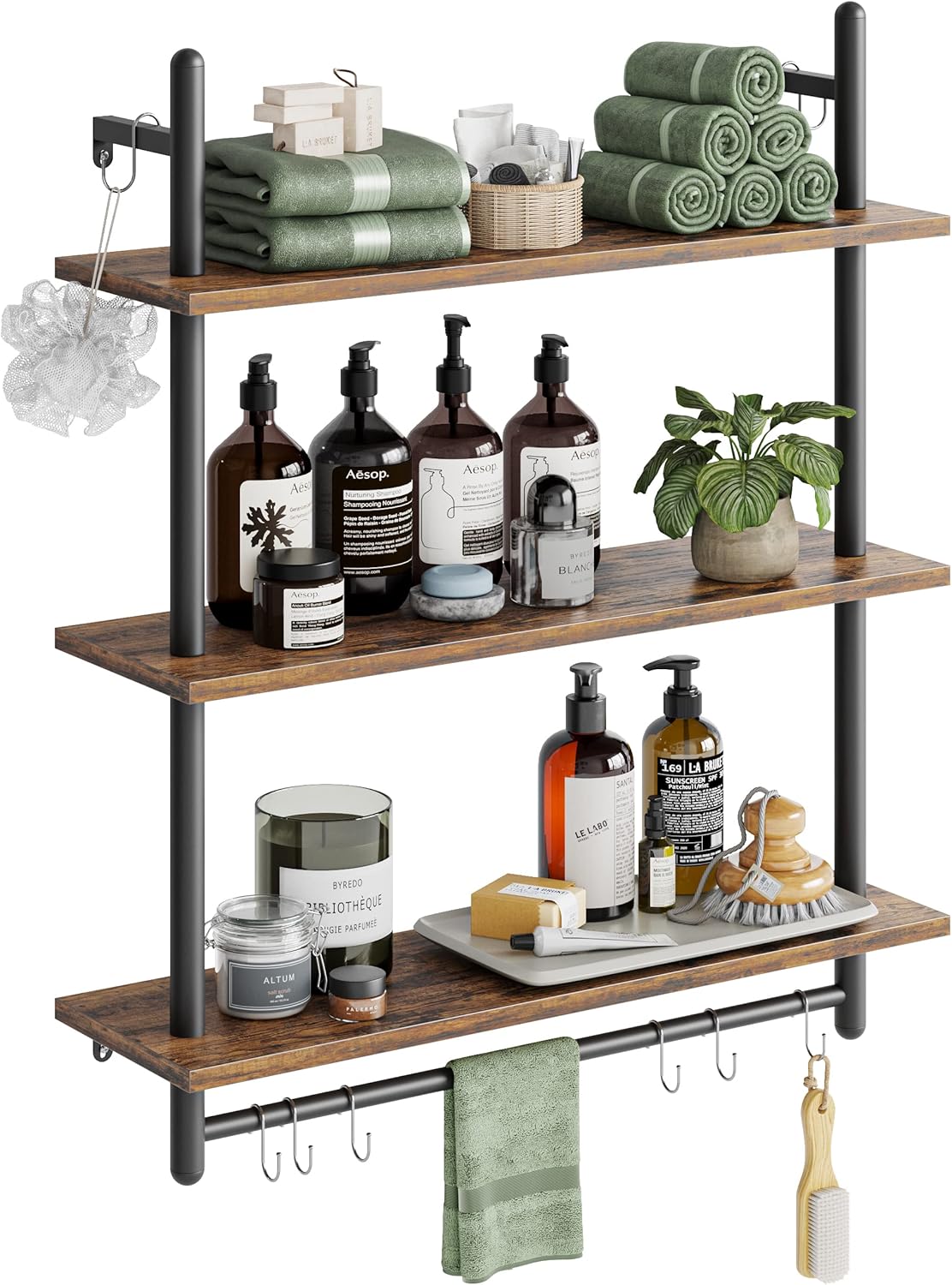 Bestier 3 Tier Industrial Pipe Shelving, Floating Book Shelves for Wall, Storage Hanging Shelves with Towel Bar for Bathroom Organizer Bedroom Kitchen Plants Office. 31.5 Inch Rustic Brown