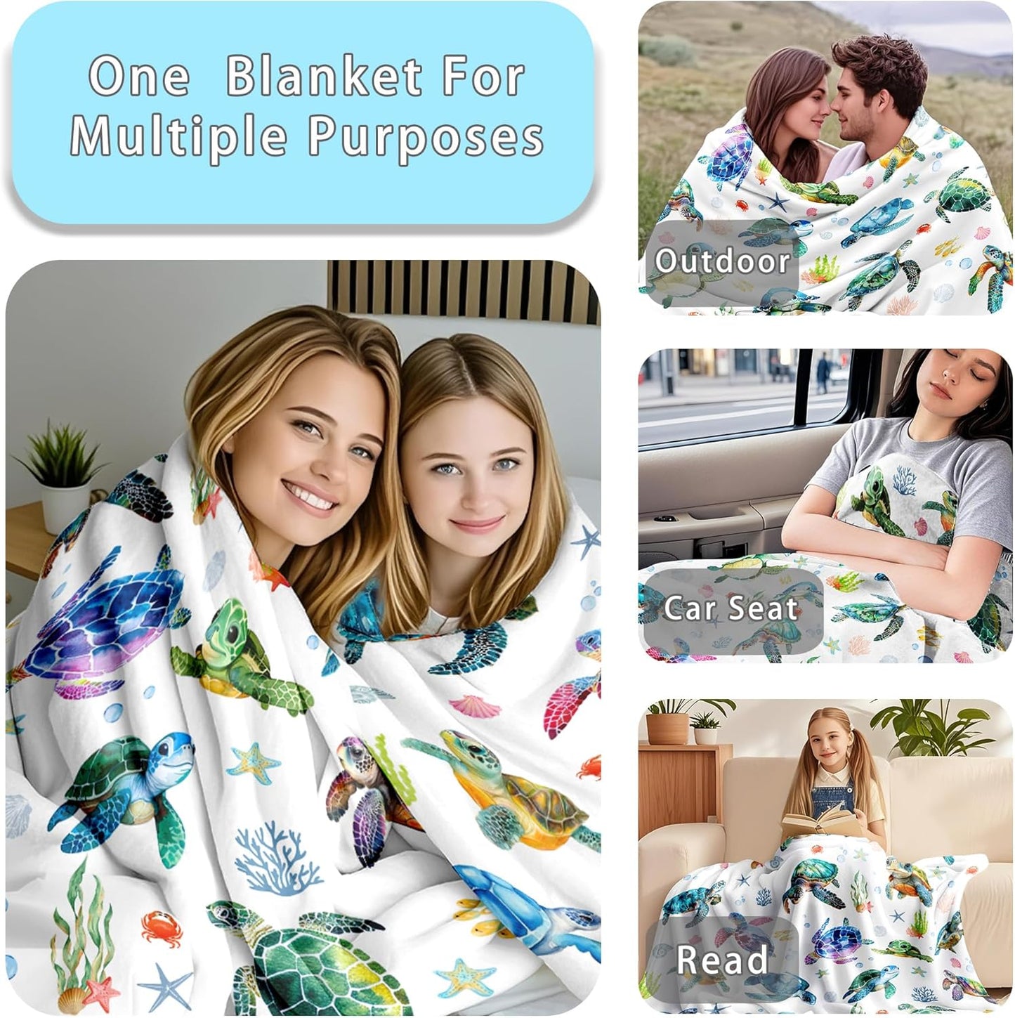 Sea Turtle Blanket Soft Cozy Flannel Turtle Throw Blanket Turtles Birthday Bedding Decor Gifts for Girls Women Kids Adults 50"x40"