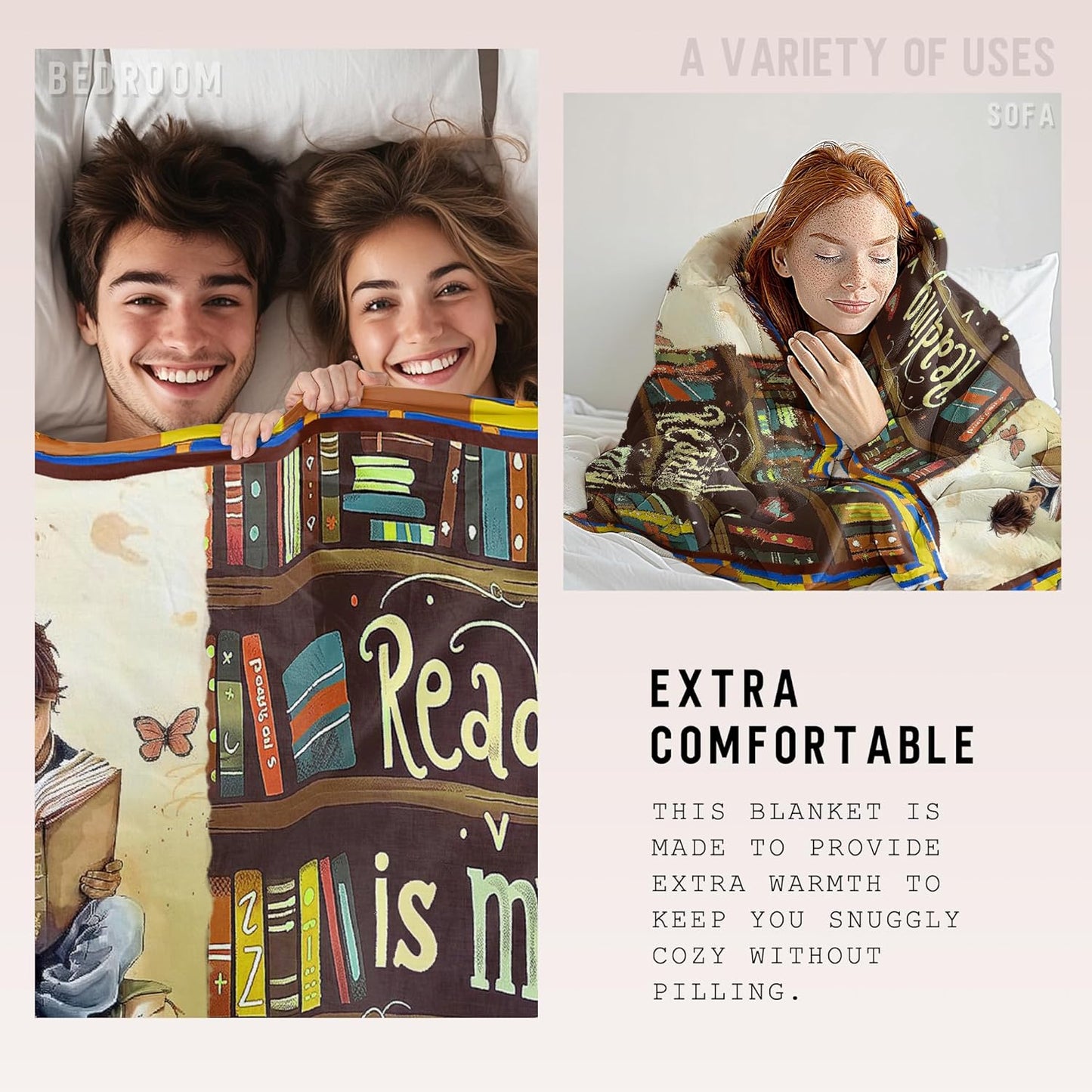 Book Lovers Throw Blanket, Super Soft Cozy and Warm Flannel Bedding Blanket, 50x40 Inch for Readers