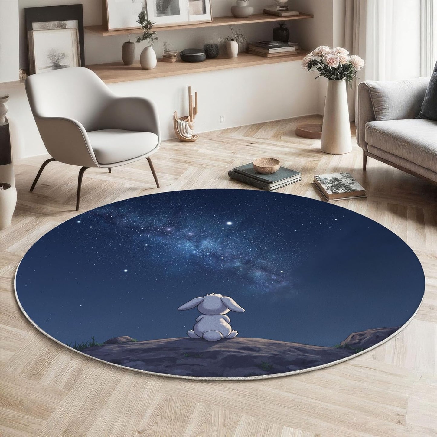 Round Area Rug, 5.25Ft Washable Non-Slip Dark Blue Cute Rabbit Starry Sky Circle Rug, Soft Low-Pile Milky Way Landscape Indoor Small Circular Carpet for Bedroom Entryway Dining Living Room