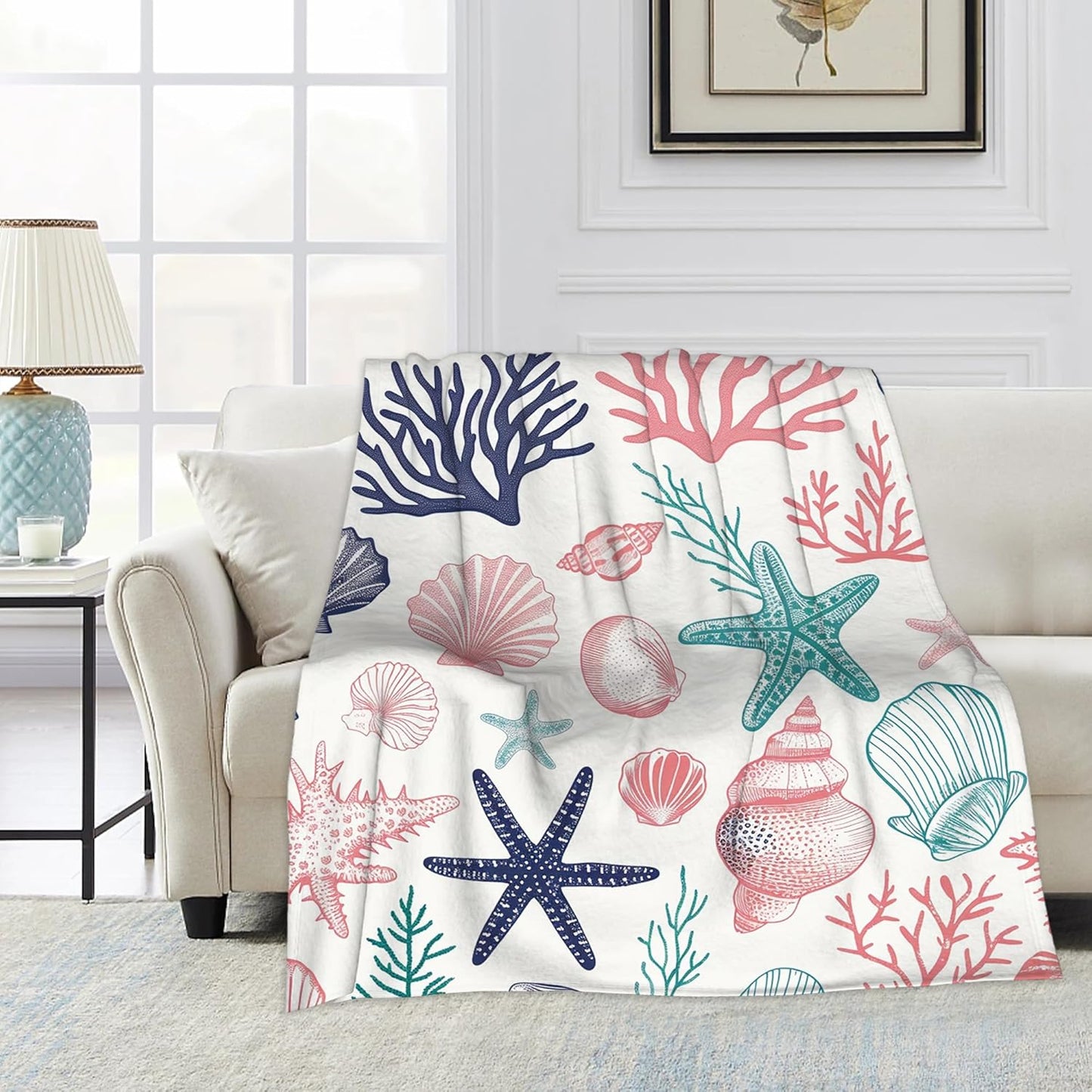 Ocean Shell and Starfish Throw Blanket, Summer Blanket Throw for Adults, Lightweight Soft Cozy Blanket for Couch Sofa Bed Room Decor 50x60 Inches