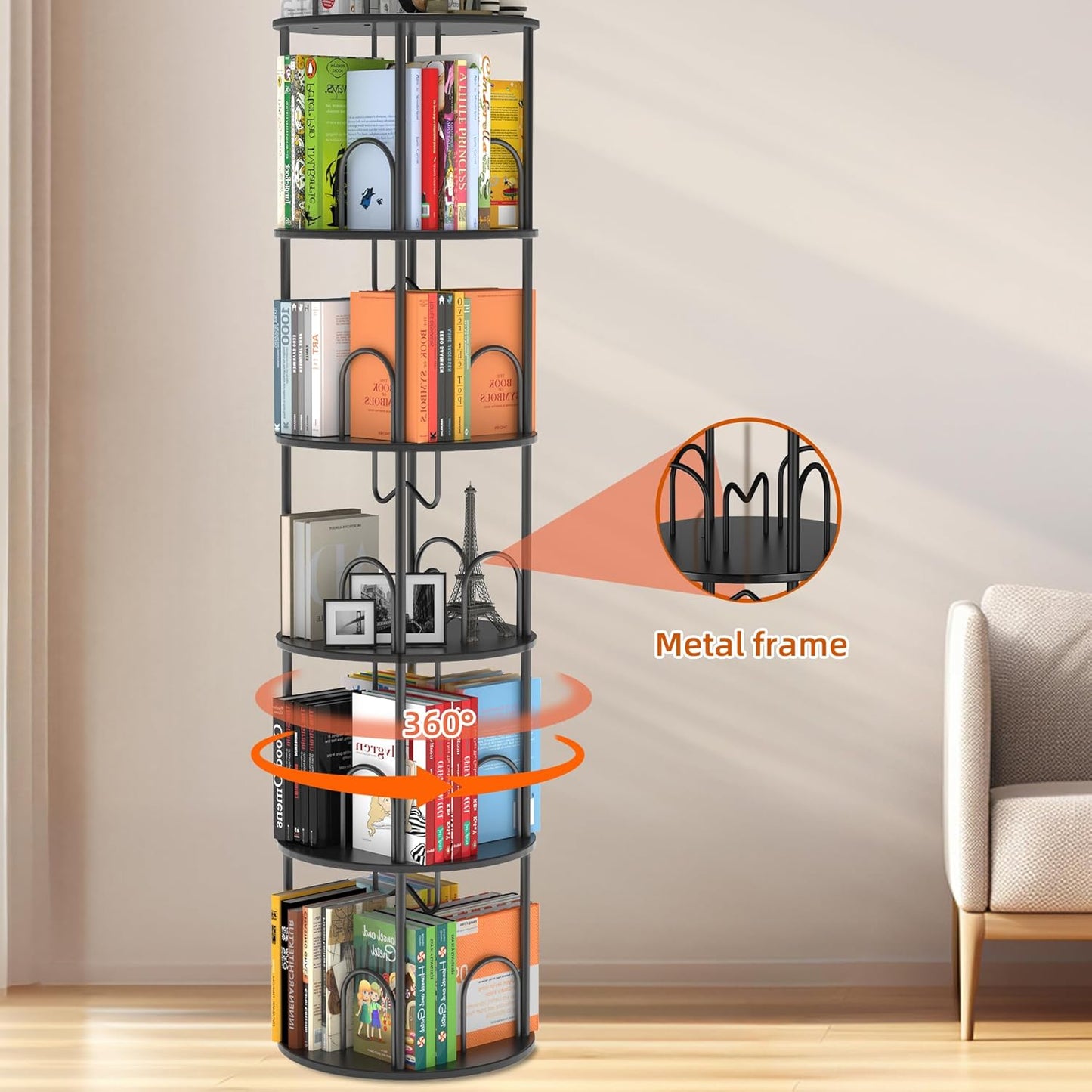 5 Tier Rotating Bookshelf, 360° Spinning Bookshelf Tower, Narrow Corner Book Shelf, Revolving Bookcase Corner Tall Book Shelf for Small Spaces, Bedroom, Living Room, Black