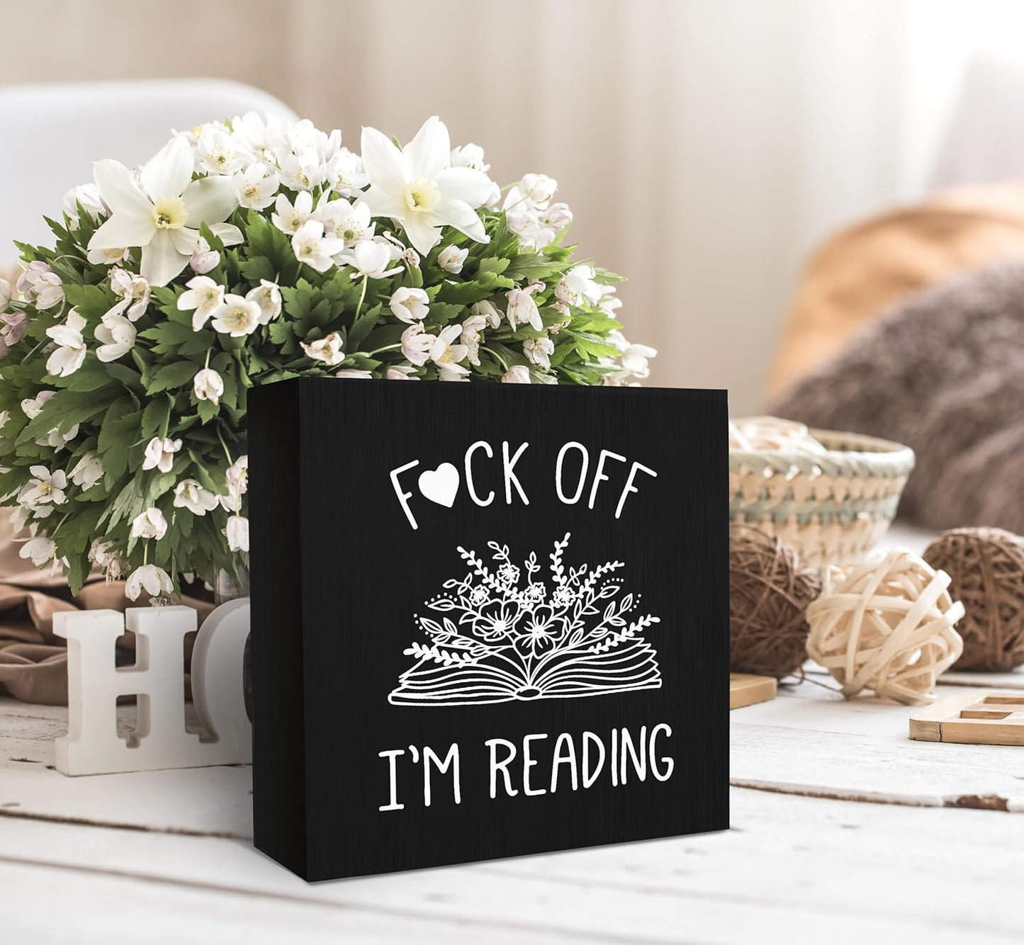 SRADMO I'm Reading Minimalist Floral Book Wood Box Sign Desk Decor, Black Inspirational Reading Wooden Block Box Sign Decoration for Home Reading Room Library Shelf Table Decorative Accessories