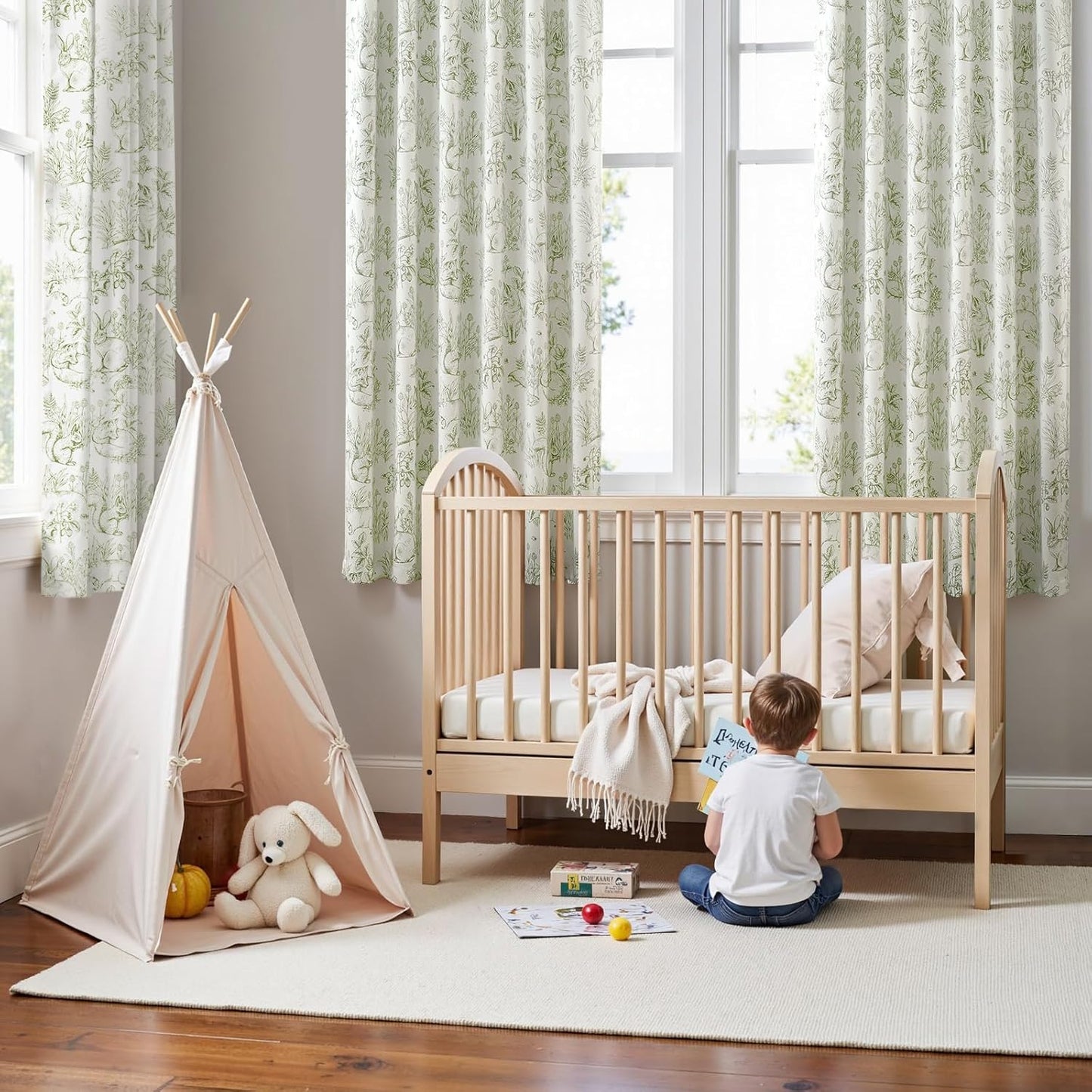 JINCHAN 95% Blackout Nursery Curtains 63 Inches Long, Bunny Woodland Toile Easter Decor Curtains Sage Green on Beige Animal Printed Drapes Bedroom Spring Decoration Farmhouse Window Treatment 2 Panels