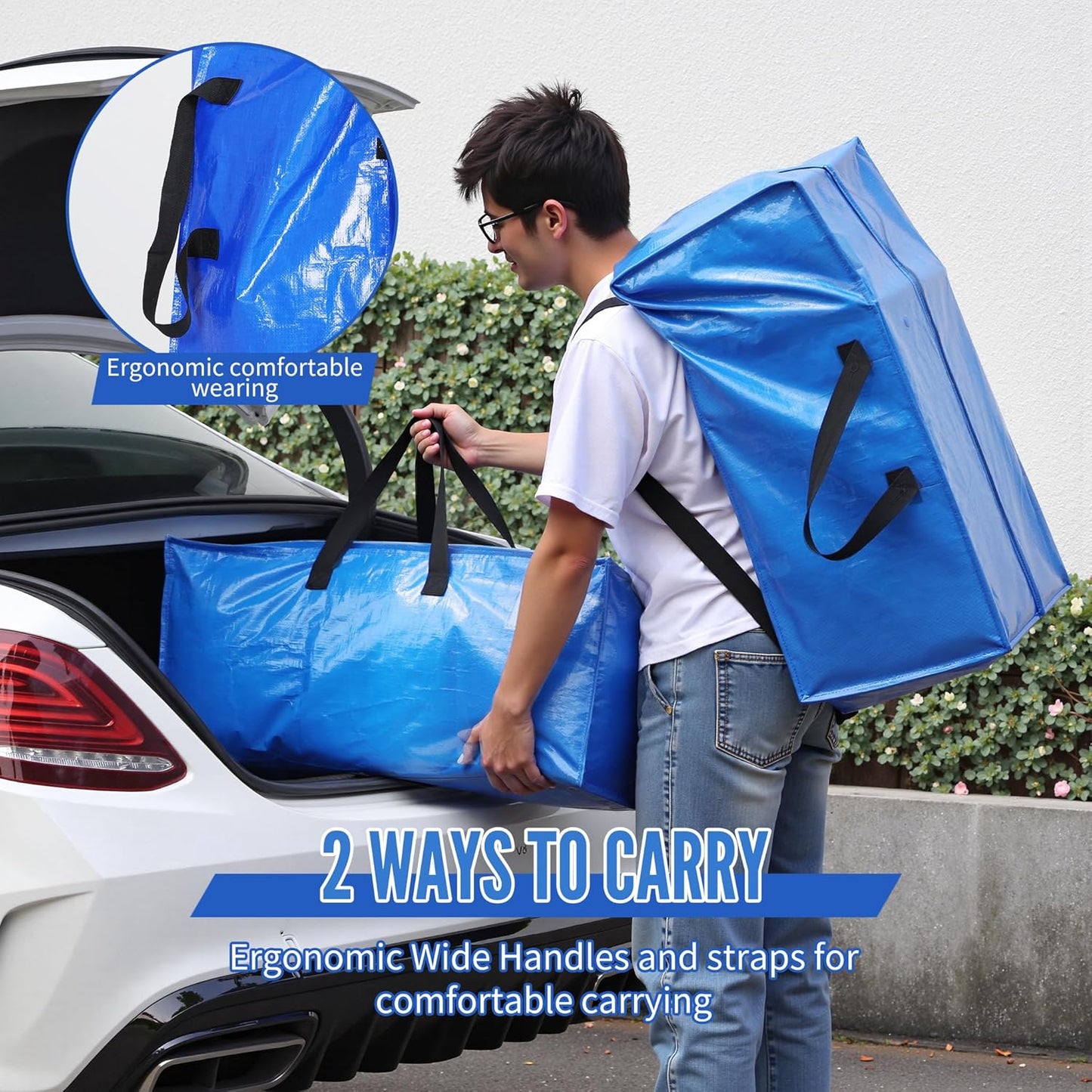 BAGAIL Heavy Duty Moving Bags with Strong Handle, Extra Large Moving Boxes, Storage Tote for Clothes, College Moving Supplies(Blue, Backpack, 2 Pack)