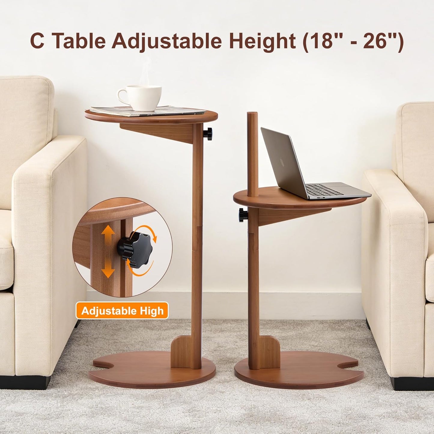 Bamboo C Shaped TV Tray Table, 18-26" Height Adjustable Round Side Table, Slide Under Couch End Table Laptop Desk for Small Spaces Living Room Bedroom (Walnut)