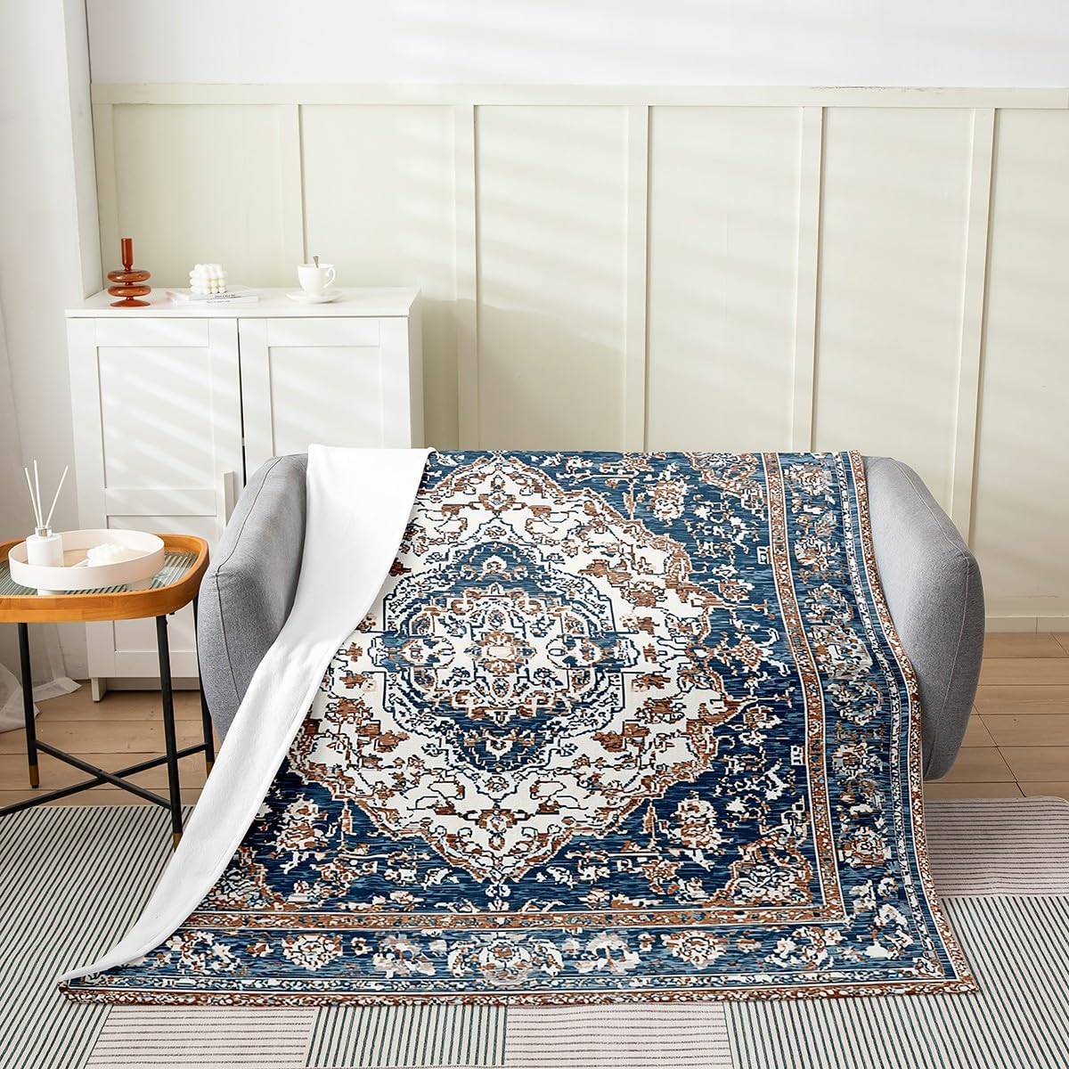 Erosebridal Bohemian Flower Floral Fleece Flannel Blanket Queen 90x90,Distressed Tribal Throw Blanket,Ethnic Oriental Blanket,Native Damask Medallion Fuzzy Blanket Western Nordic Style Bedroom Decor