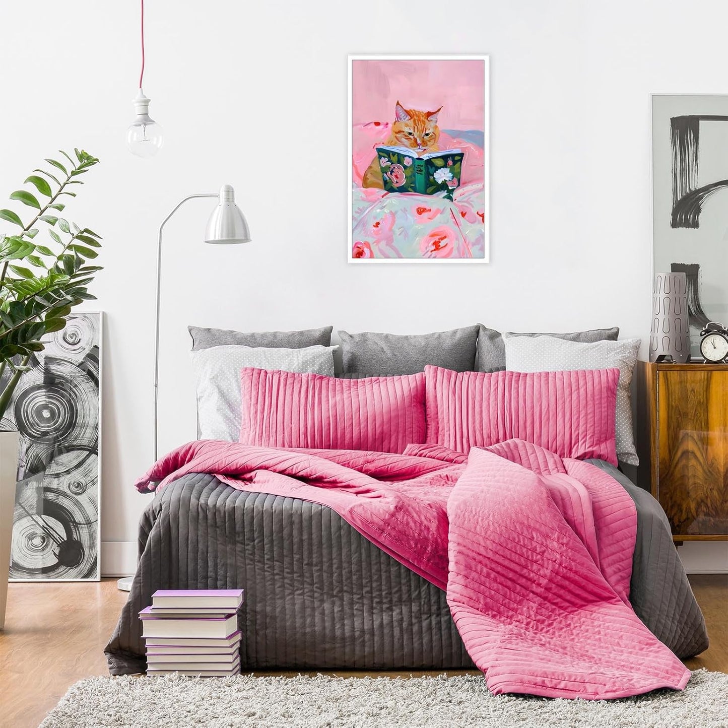 Trendy Orange Cat Posters Cute Minimalist Pink Flowers Pet Canvas Wall Art Funky Funny Animal Cat Is Reading Prints Painting For Home Bedroom Dorm Living Room Wall Decor 8x10 in Unframed