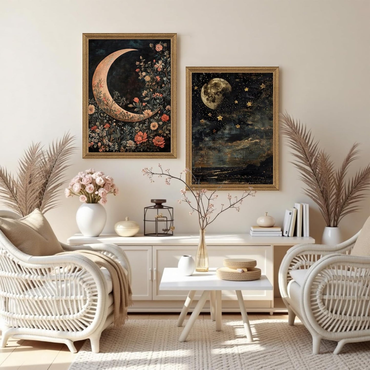 Palette Dreams Wood Framed Crescent Moon Wall Art with Vintage Floral Design, Wall Decor Art Print, Fade Resistant Canvas, Easy to Hang, for Bedroom Living Room Home Office Decor, 12x16 Inches