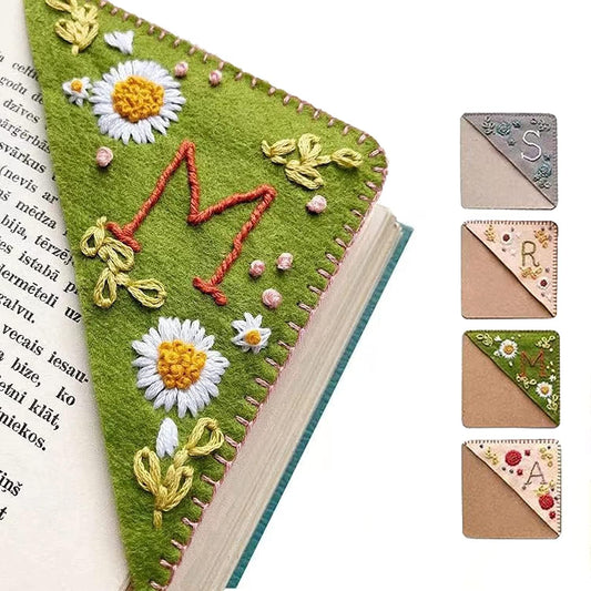 Personalized Hand Embroidered Corner Bookmark, 26 Letters Hand Stitched Felt Corner Letter Bookmark, Cute Flower Embroidery Bookmarks for Book Reading Lovers Meaningful Gift (Summer，M