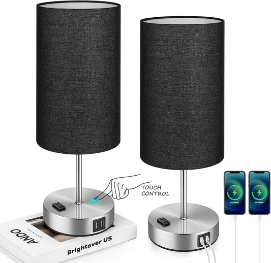 Black Touch Control Table Lamp Set of 2, with 2 USB Charging Ports&AC Outlet, 3-Way Dimmable Bedside Nightstand Lamps with Fabric Lampshade for Reading, Bedroom, Living Room, A19 LED Bulbs Included