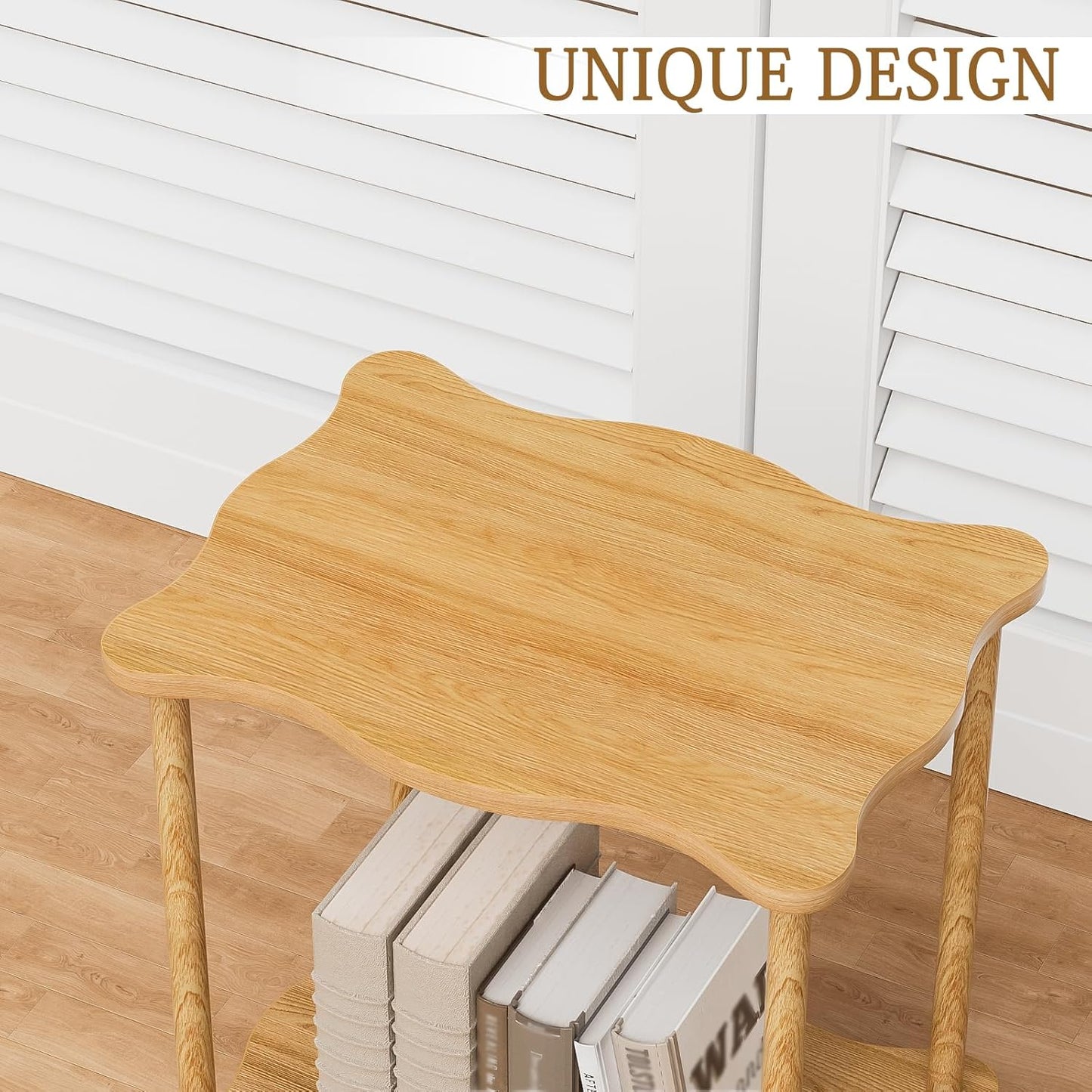 2-Tier Low Side Table 17”H, Space-Saving Small Nightstand with Solid Wood Legs, Tool-Free Assembly, Suitable for Reading Chair, Bedside, Balcony, 15.7”D x11.8”W, Burlywood