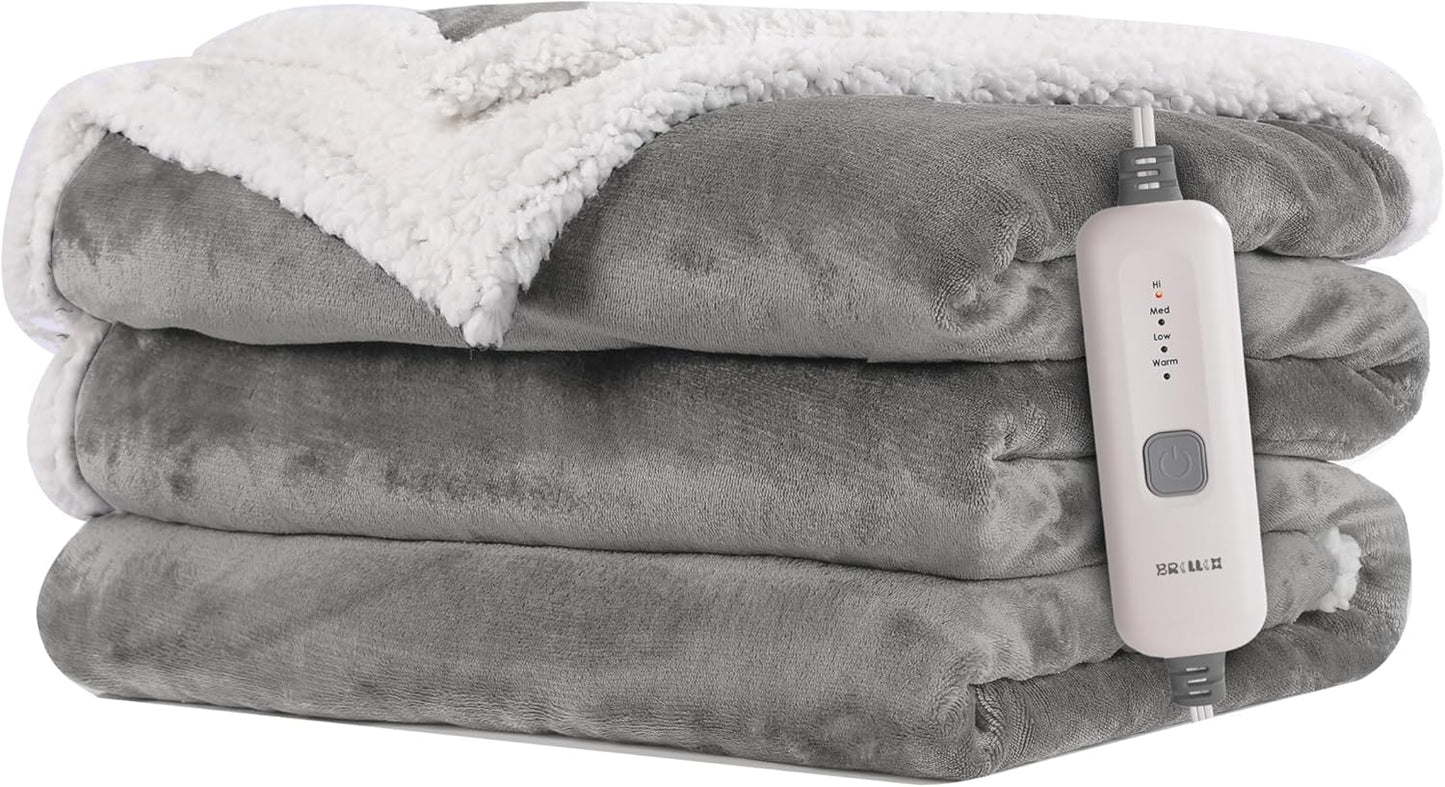 Electric Heated Blanket 72"x84" Full Size Flannel & Sherpa - 4 Heat Settings & 10H Auto Shut Off for Safe Overnight Use, Fast Heating, Machine Washable for Bed, Couch, Office - Light Gray