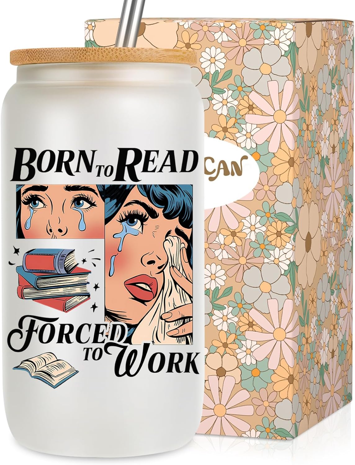 LEADO 16 oz Born to Read Glass Cup - Gifts for Book Lovers Women, Romance Readers - Birthday, Mothers Day, Book Lover Gifts for Women Unique - Reading Accessories, Bookish Ice Coffee Cup for Bookworm