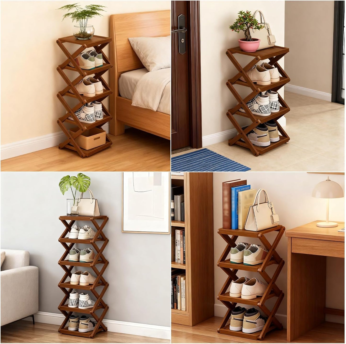Simcat Bamboo Folding Shoe Rack for Entryway, Narrow Installation Free Dorm Closet Shoe Racks, Vertical Front Door Entrance Shoe Racks