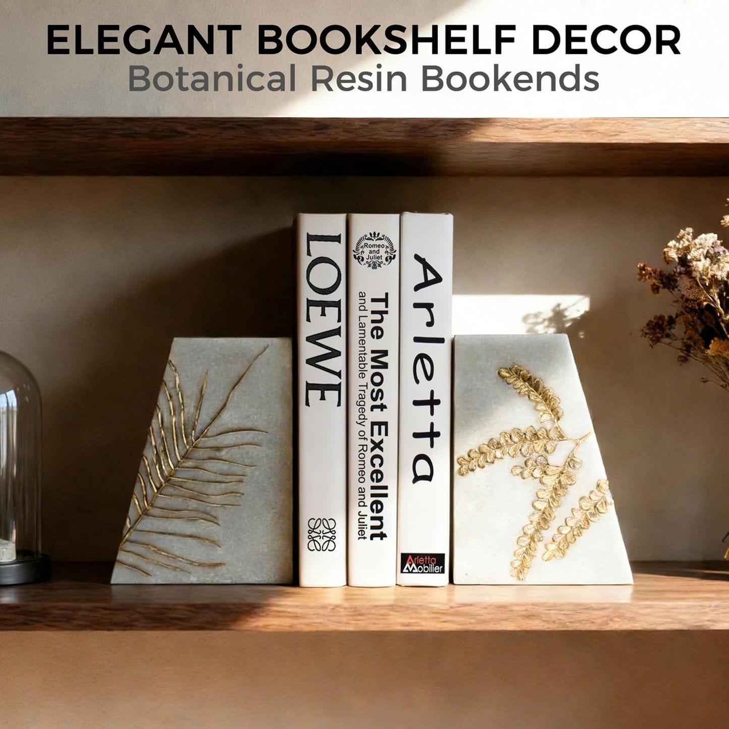 Heavy Duty Book Ends for Shelves, Decorative Book Ends for Heavy Books, Resin Modern Bookends with Marble Texture & Gold Botanical Detail, Minimalist Bookends for Home Decor, Set of 2