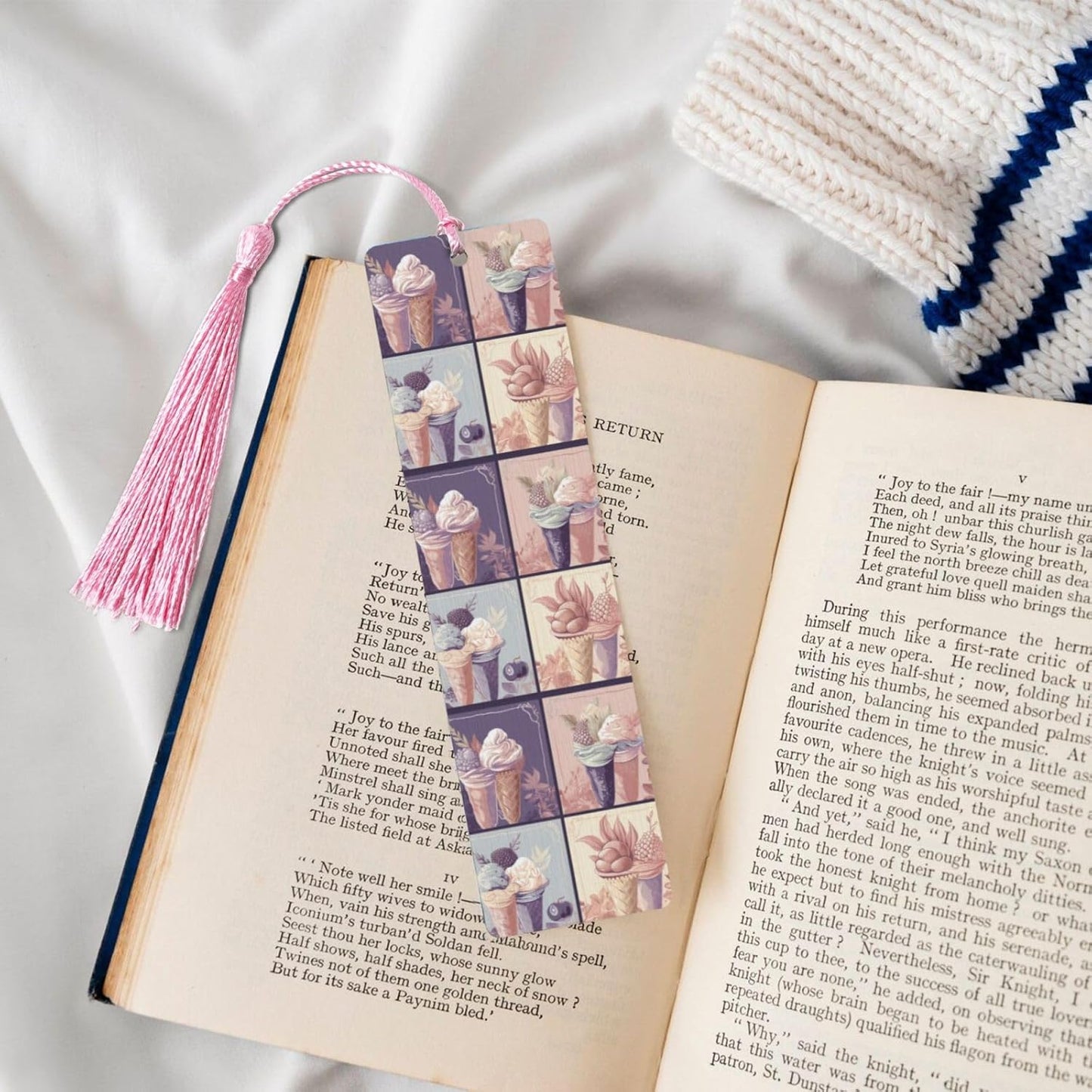 Ice Cream Illustration Bookmarks Gifts for Women Men, Wooden Bookmarks for Book Lovers, Vintage Book Marks Ornaments with Tassel, Unique Personalized Reading Page Markers Pink