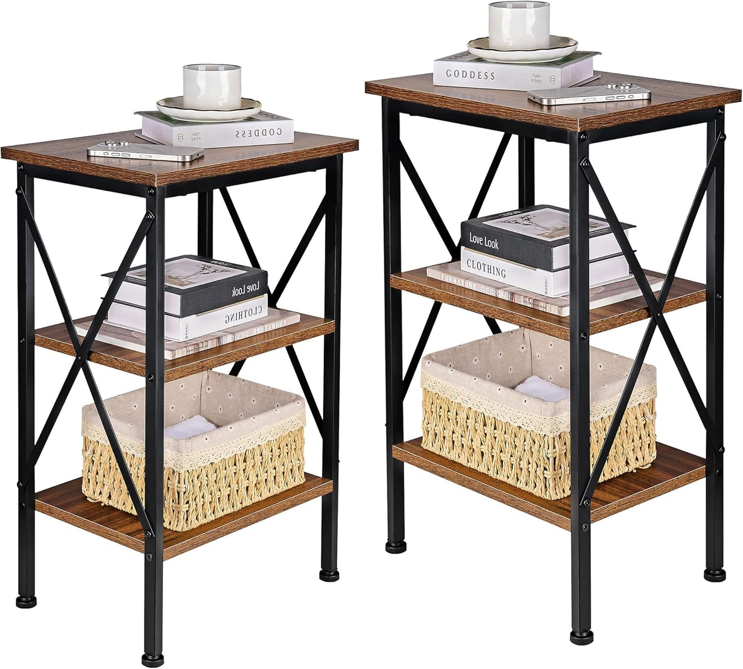 VECELO Versatile Side/End Table with Storage Shelf Nightstands for Living Room,Bedroom Furniture (Set of 2), Shelves, Retro Brown