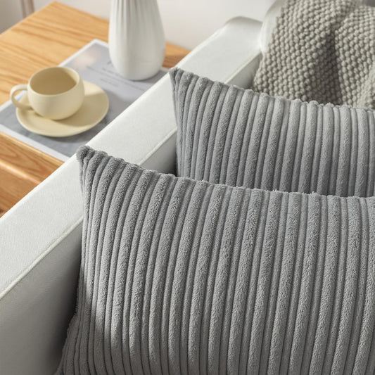Kevin Textile Decorative Pillow Covers Decor Supersoft Striped Velvet Throw Toss Pillowcase Cushion Cover for Chair, Light Grey, (45x45 cm, 18inch), 2 Pieces