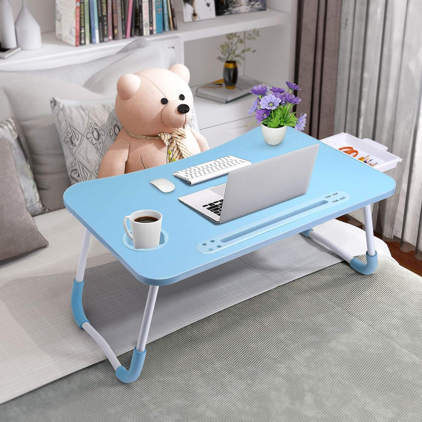 Slendor Lap Desk with Tablet Slot, Foldable Laptop Table with Storage Drawer for Bed，Portable Bed Desk for Laptop, Computer Tray with Cup Holder Notebook Stand Reading Holder for Couch Floor, Blue