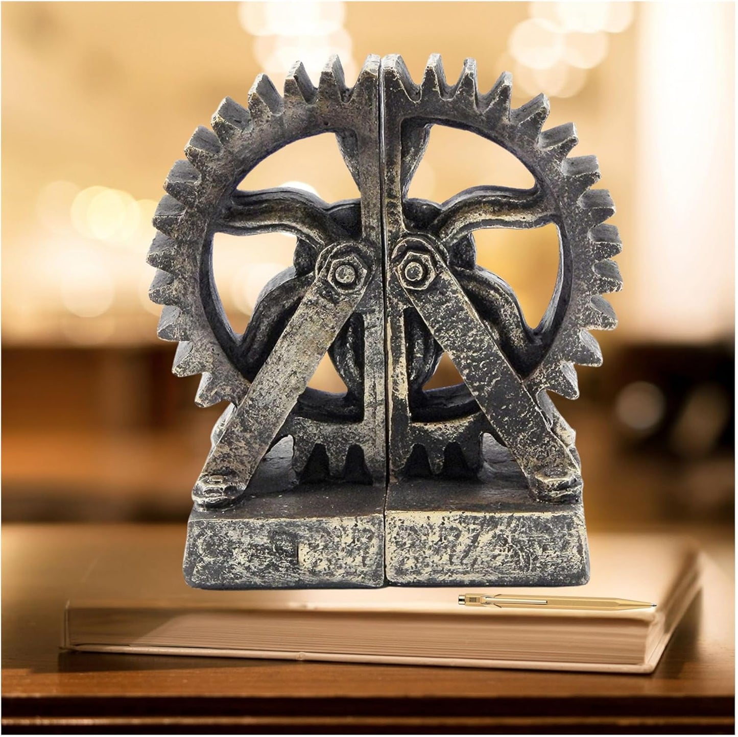 Bellaa 25662 Decorative Bookend Gear Book Ends Industrial Science Rustic Vintage Unique Heavy Steampunk Statues Bookshelves Stopper Support Home Decor Accents