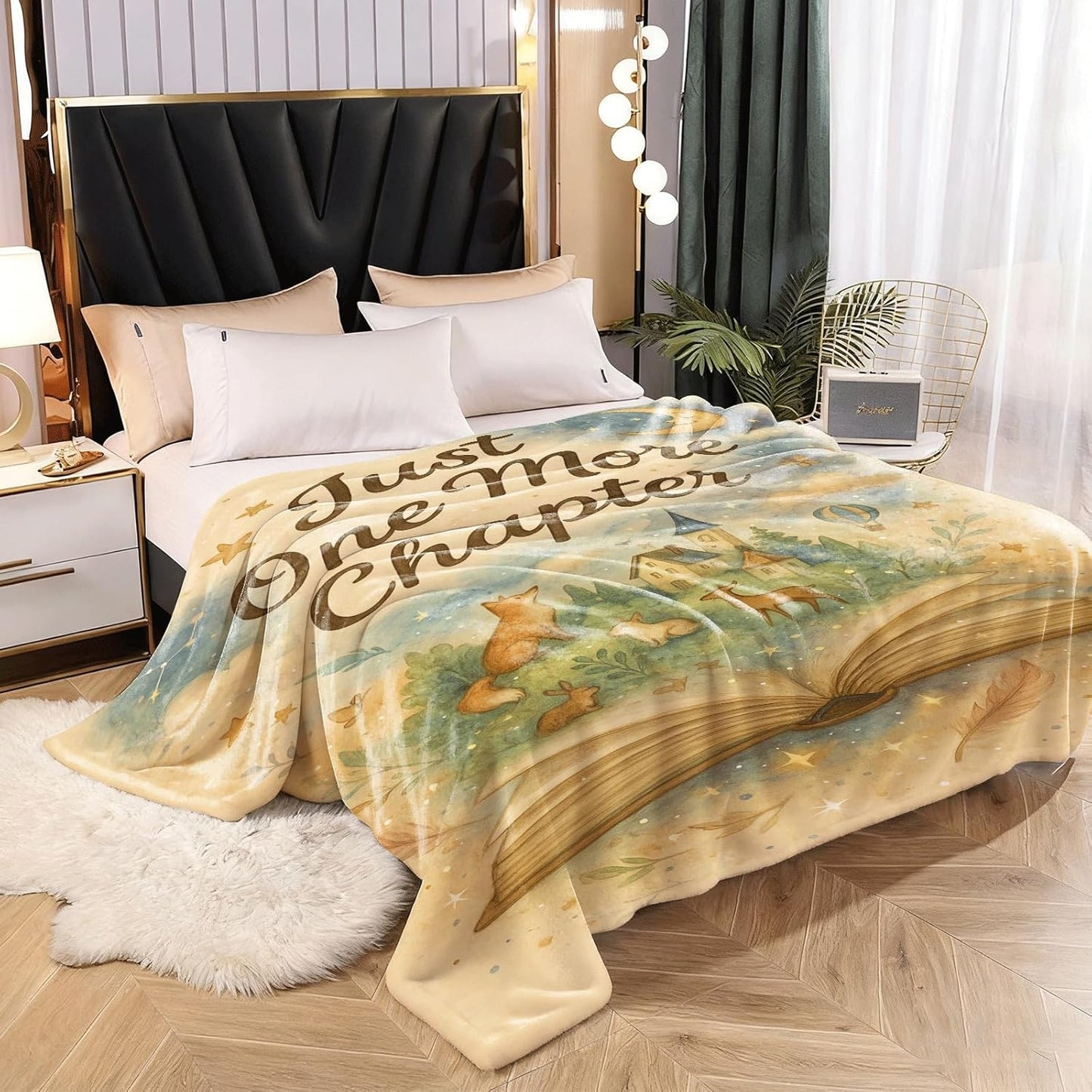 Book Blanket for Readers, 60x50 Flannel Fleece Reading Throw – Chapter-Themed Watercolor, Moon and Stars, Woodland Animals – Cozy Gift for Book Lovers, Couch Sofa Bed