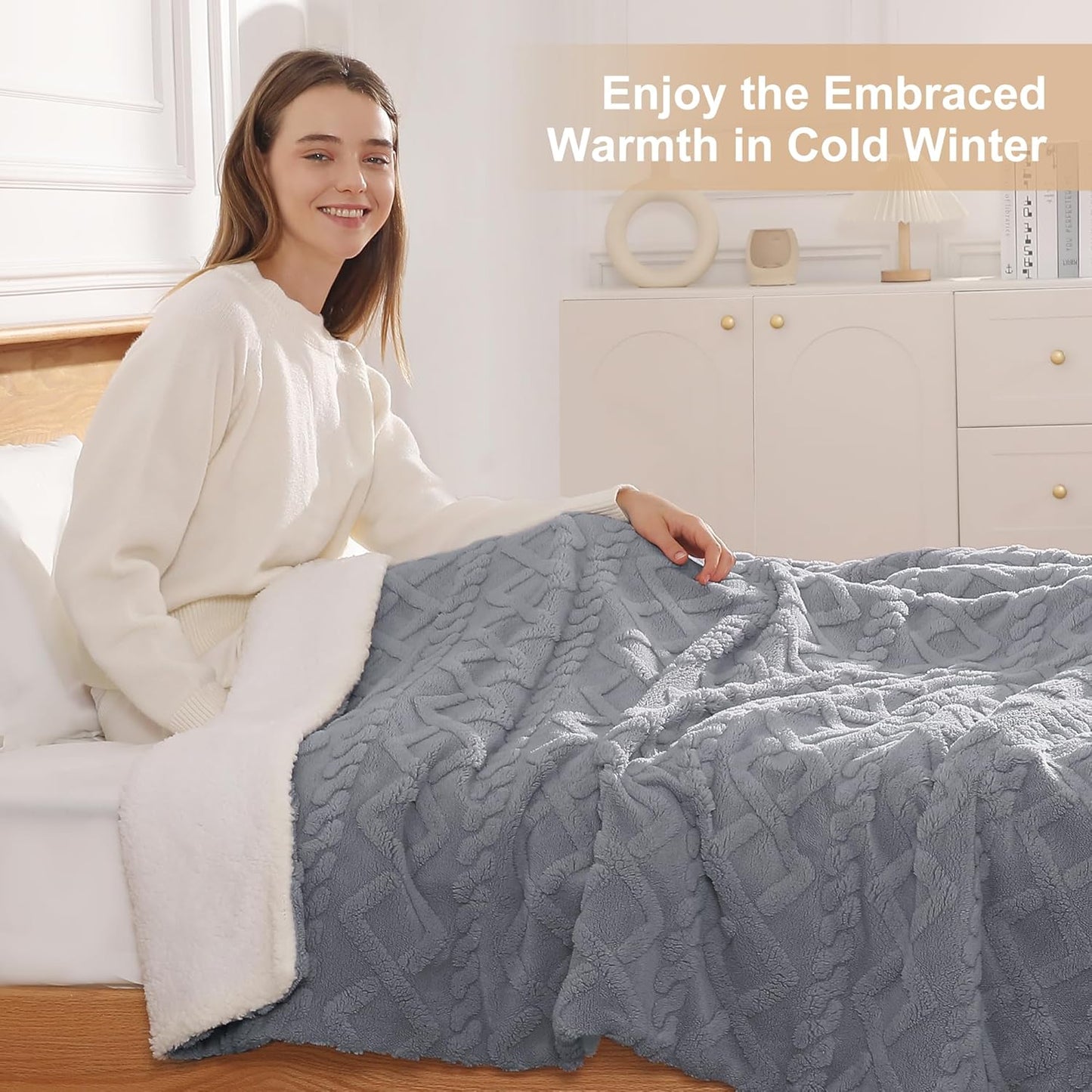 Heated Throw Blanket 50"x60" with 5 Heating Levels & 4 Hours Auto Off, Soft & Plush Sherpa Electric Blanket Throw with ETL & FCC Certification for Home Use, Machine Washable, Great Gift, Grey