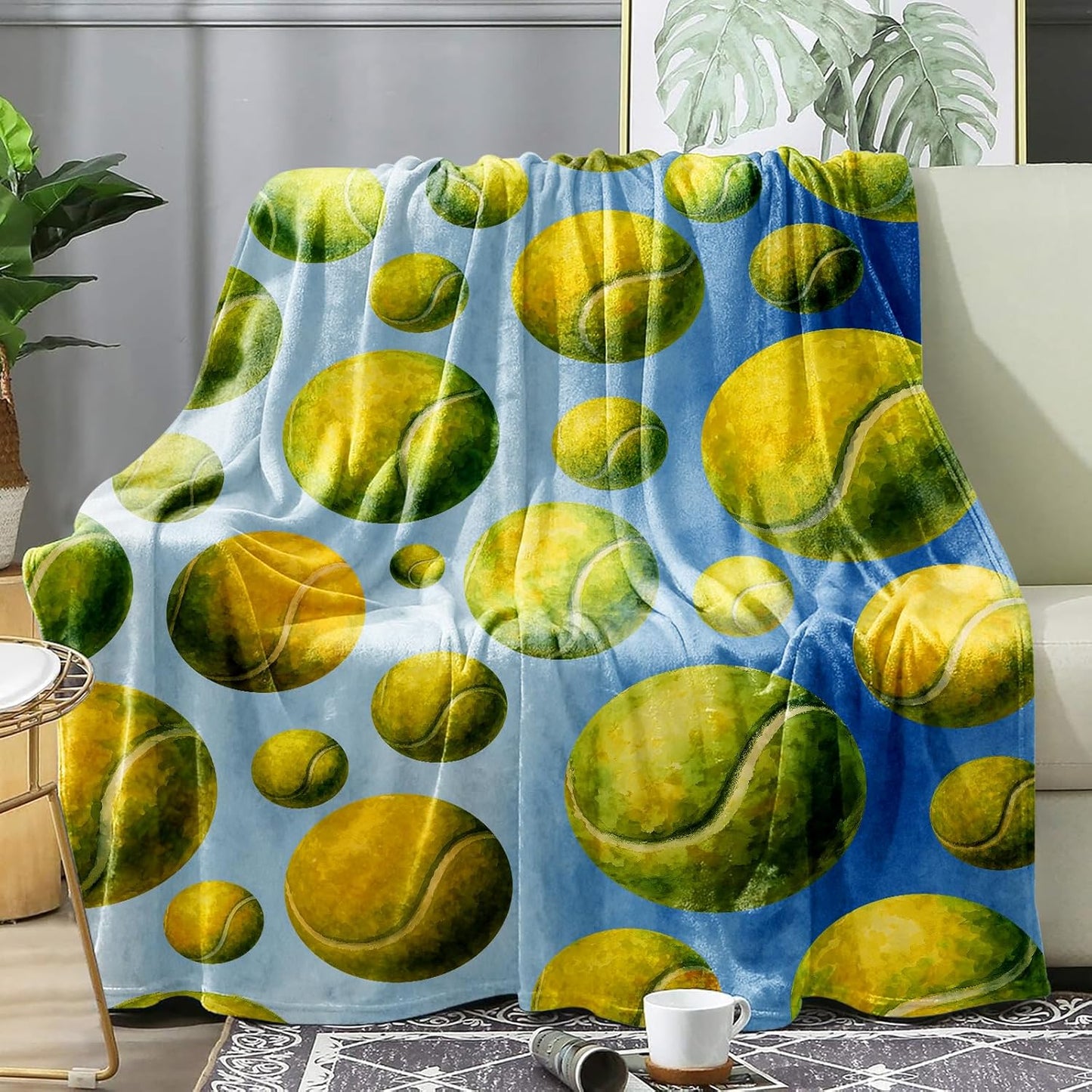 Tennis Ball Blanket Throw 50x60 Soft Flannel Fleece - Watercolor Blue Pattern Cozy Sofa Bed Dorm Decor - Gift for Player Coach, Senior Night Team Present for Women Men Girls